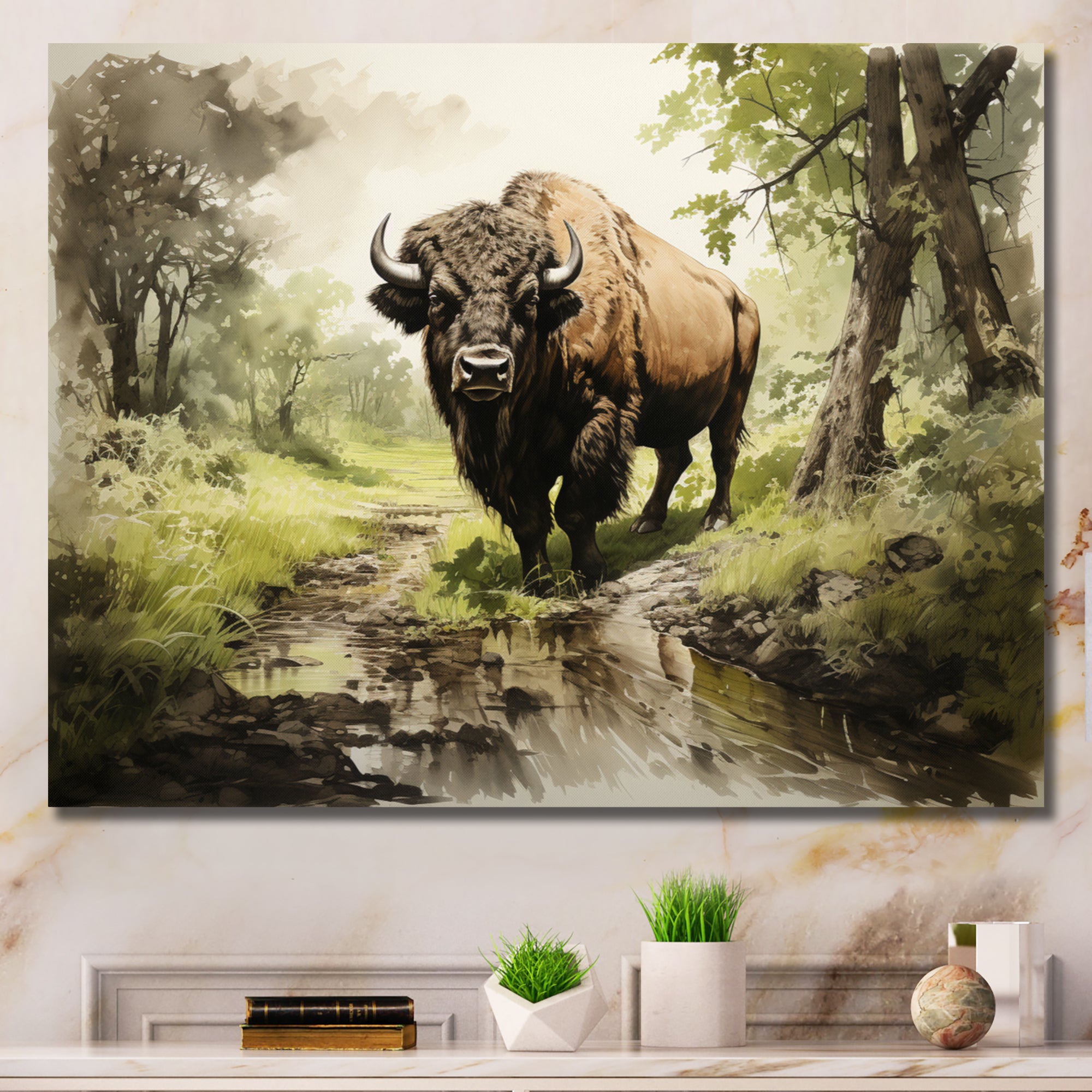 Brown Green Buffalo Shadows Of Serenity - Buffalo Large Canvas Wall Art