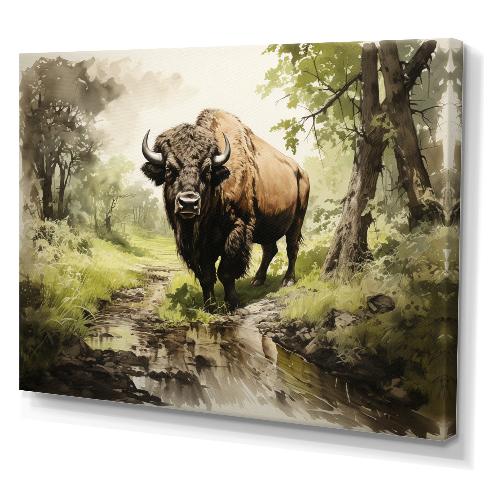 Brown Green Buffalo Shadows Of Serenity - Buffalo Large Canvas Wall Art