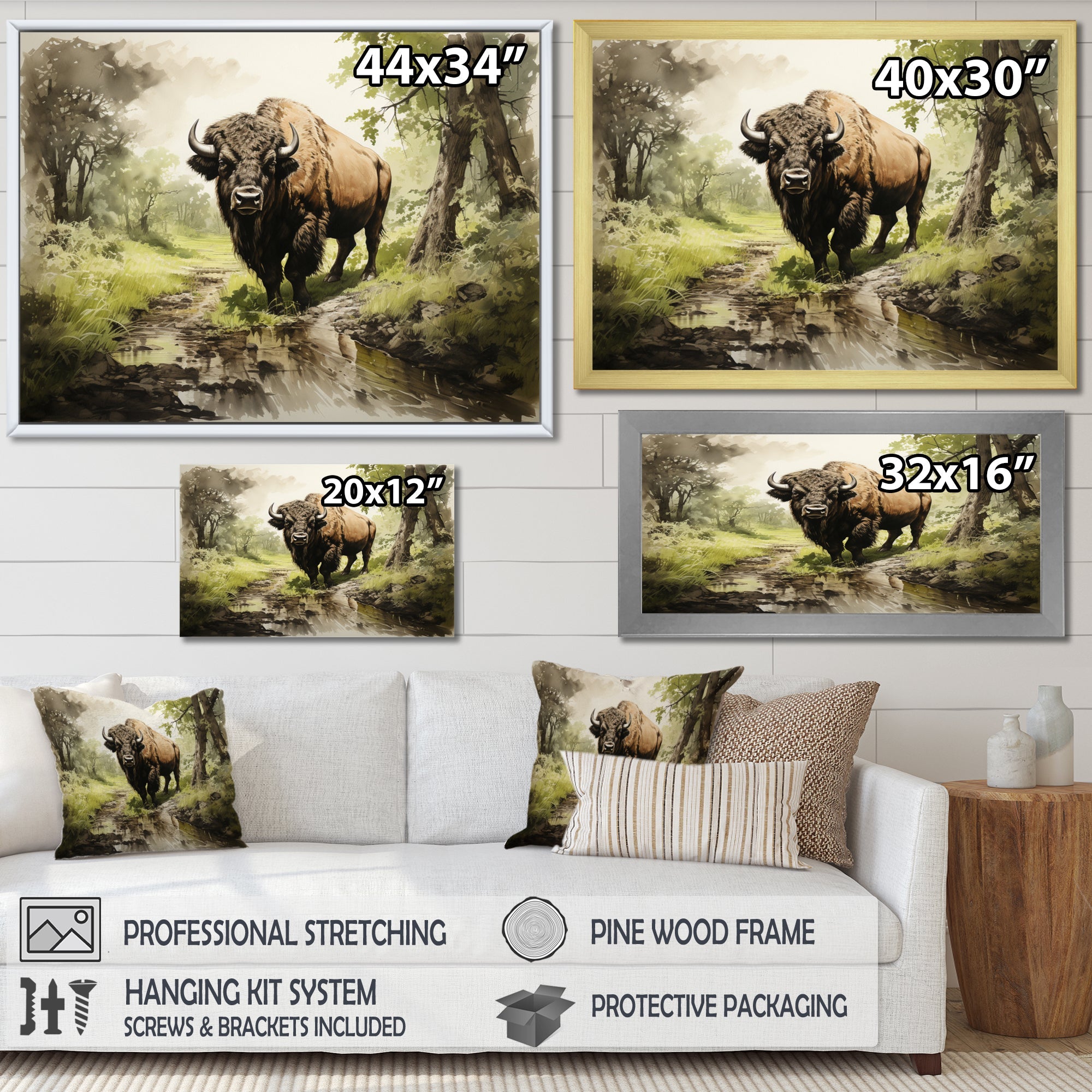 Brown Green Buffalo Shadows Of Serenity - Buffalo Large Canvas Wall Art