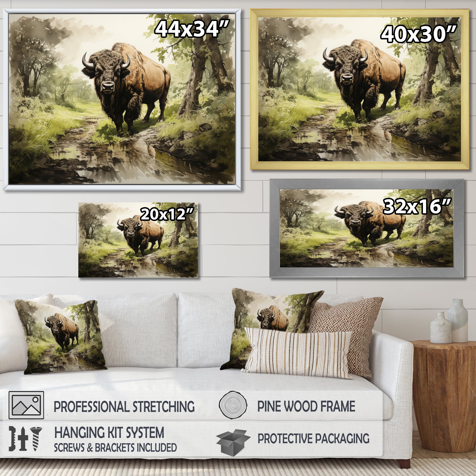 Brown Green Buffalo Shadows Of Serenity - Buffalo Large Canvas Wall Art