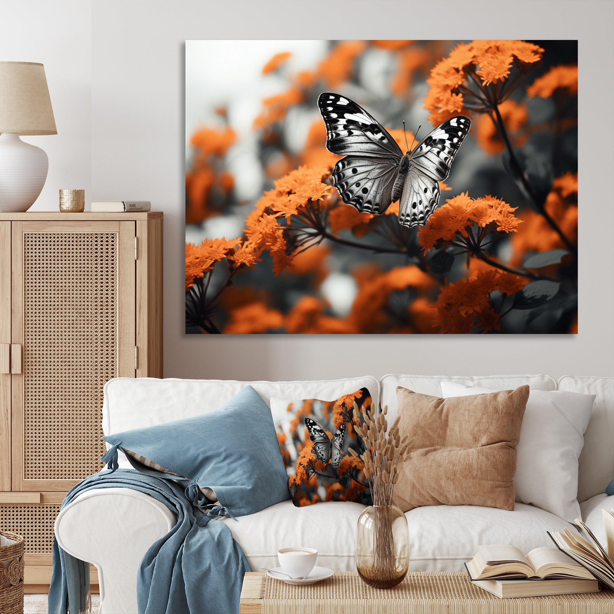 Coral Black Butterfly Fluttering Grace - Coral Butterfly Wall Art
