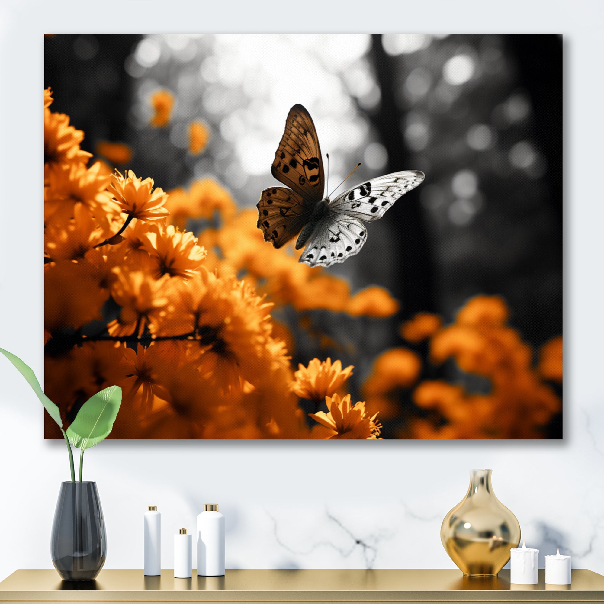 Orange Grey Butterfly Fluttering Grace - Orange Butterfly Wall Art