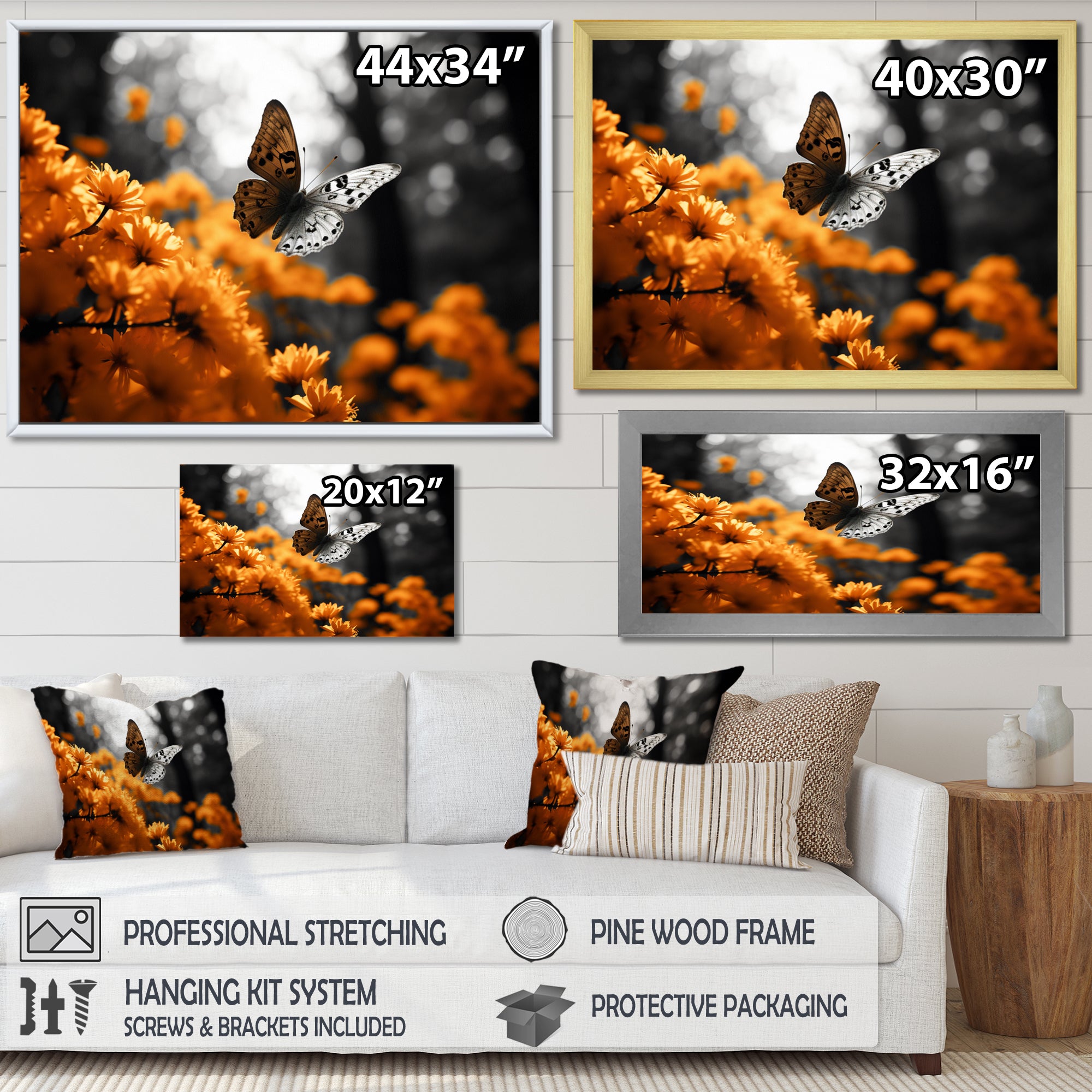 Orange Grey Butterfly Fluttering Grace - Orange Butterfly Wall Art