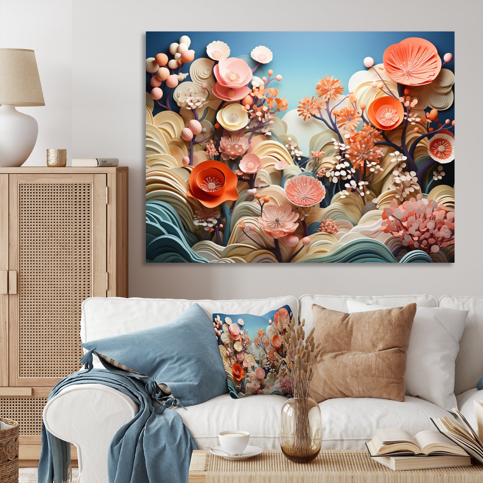 Coral Vibrant Reef Geometric - Coral Large Canvas Wall Art