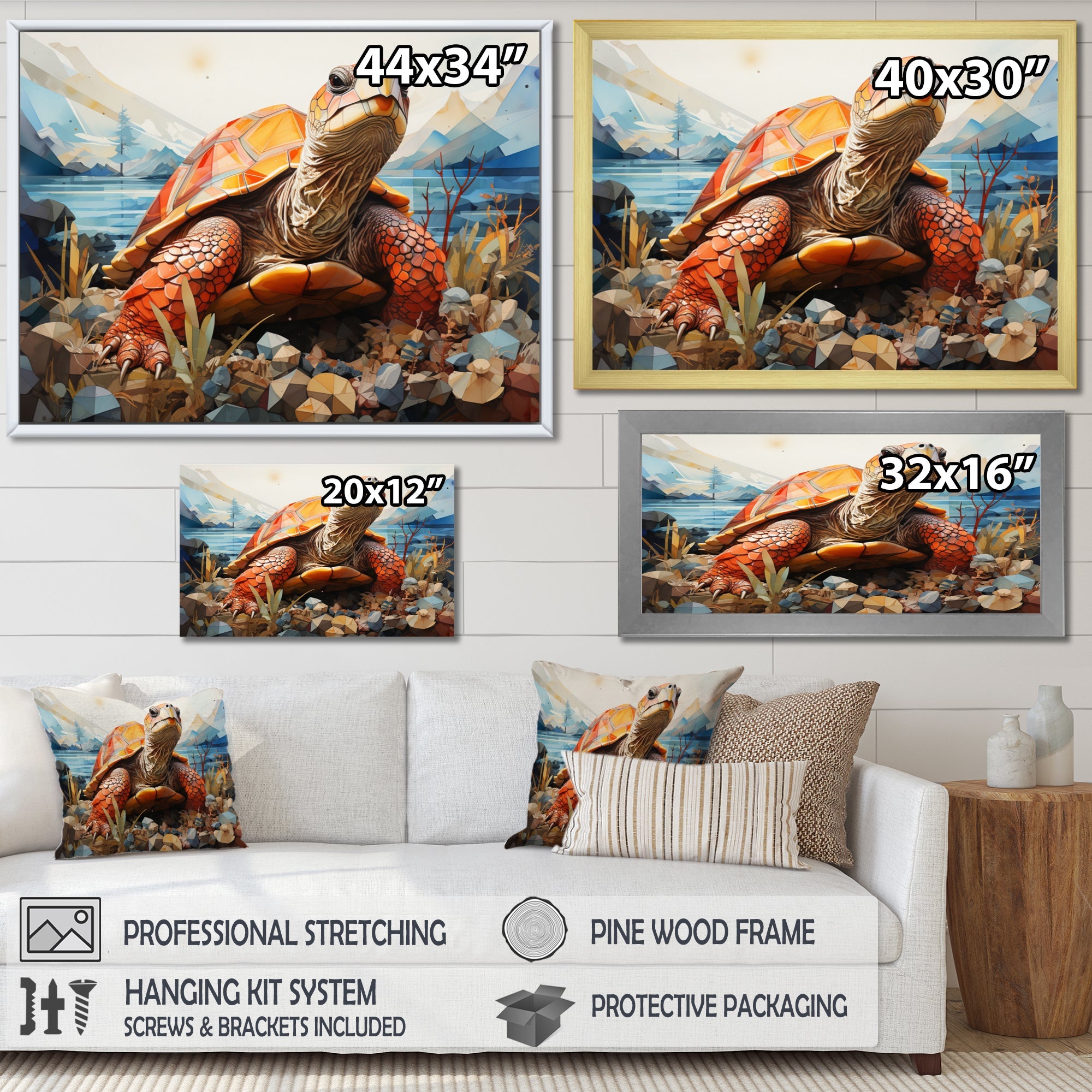 Turtle Portrait Geometric At Beach - Turtle Framed Canvas Art