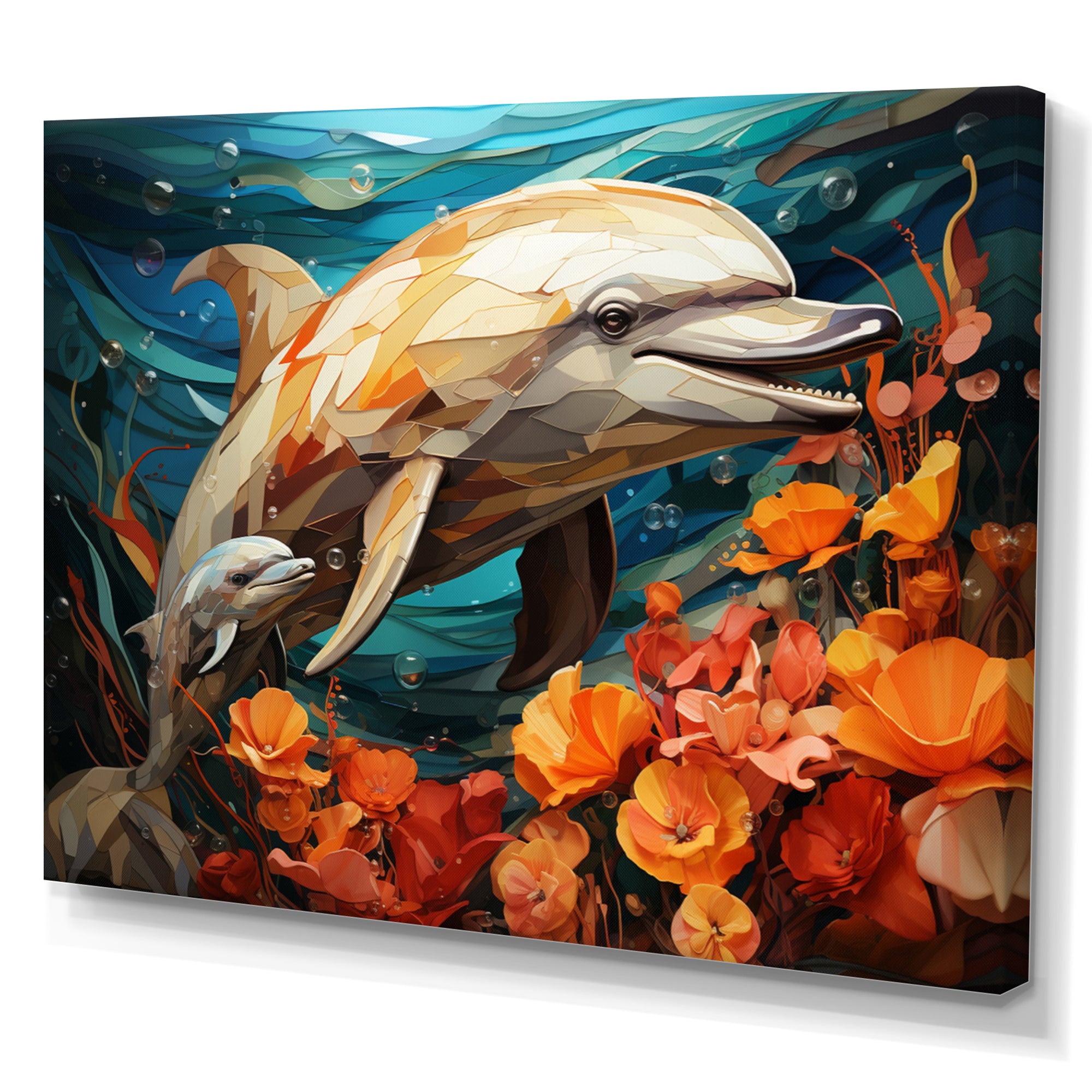Dolphin Marine Symphony Geometric - Orange Dolphin Wall Art