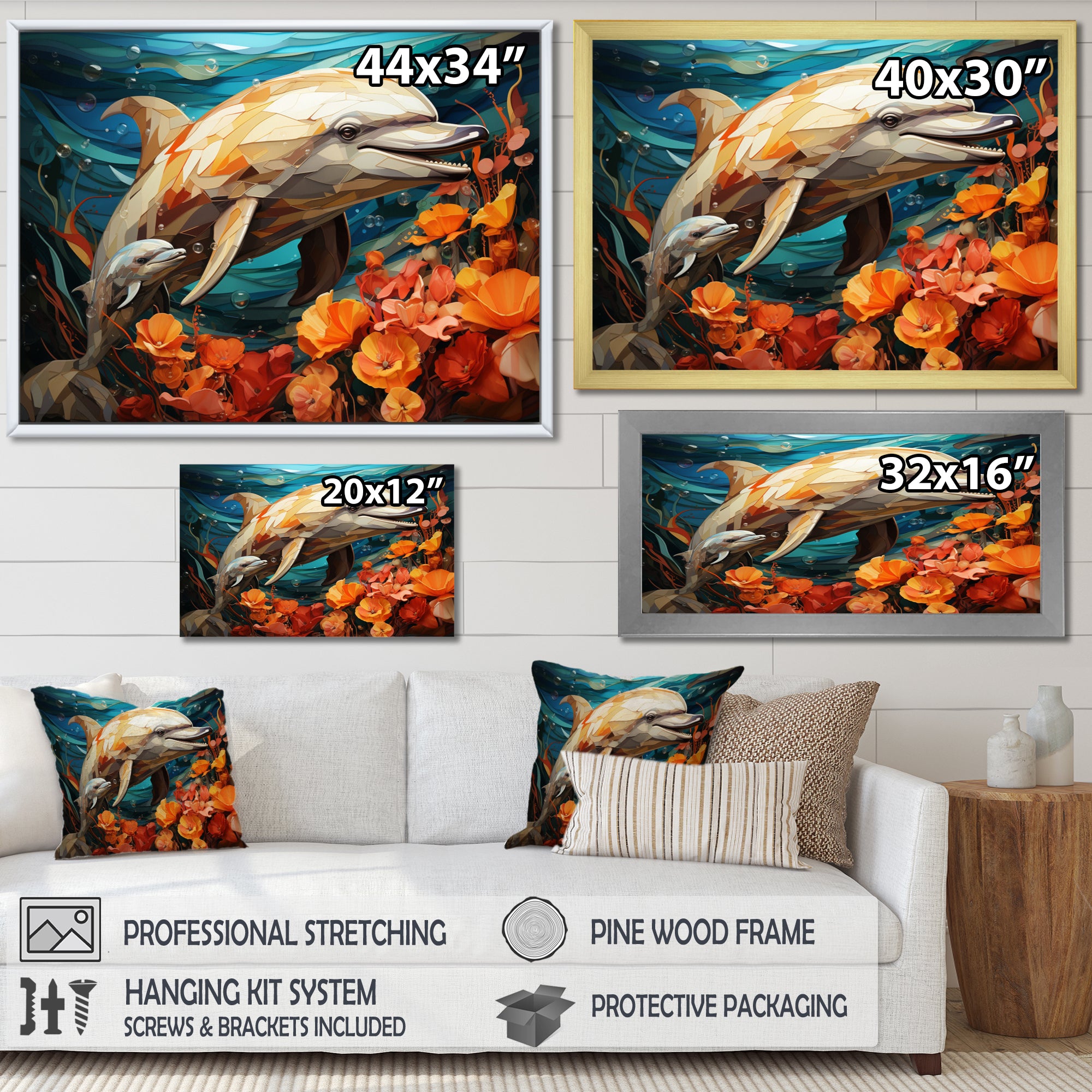 Dolphin Marine Symphony Geometric - Orange Dolphin Wall Art