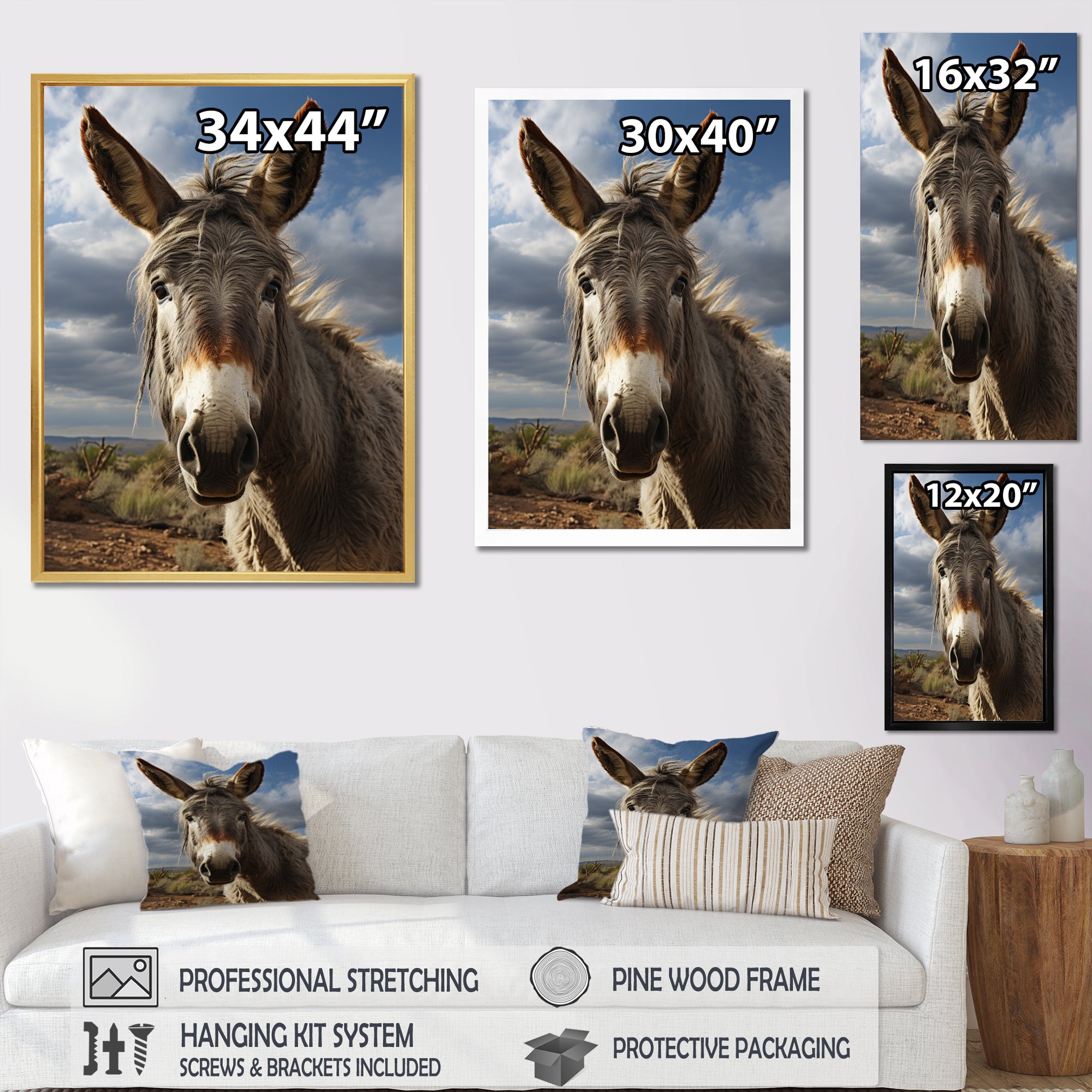 Grey Donkey Portrait Vibrant - Donkey Canvas Wall Art