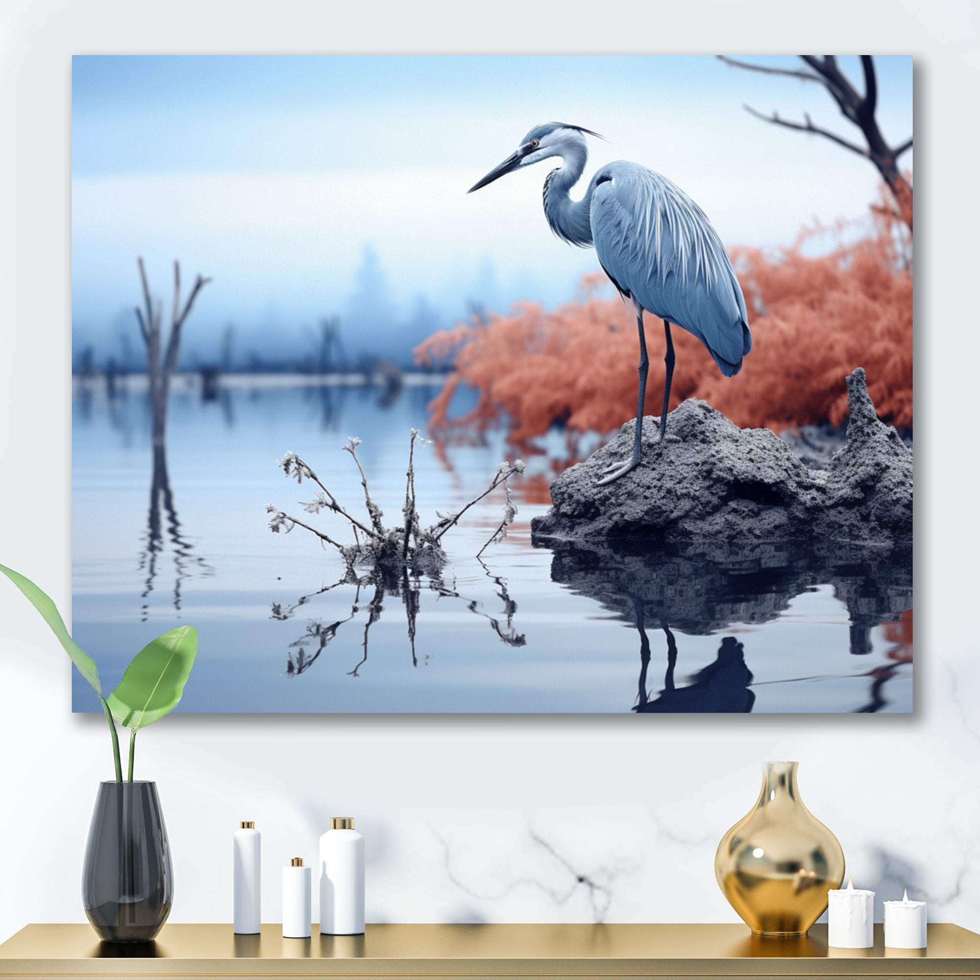 Heron Silent Waters Blue - Heron Canvas Wall Art