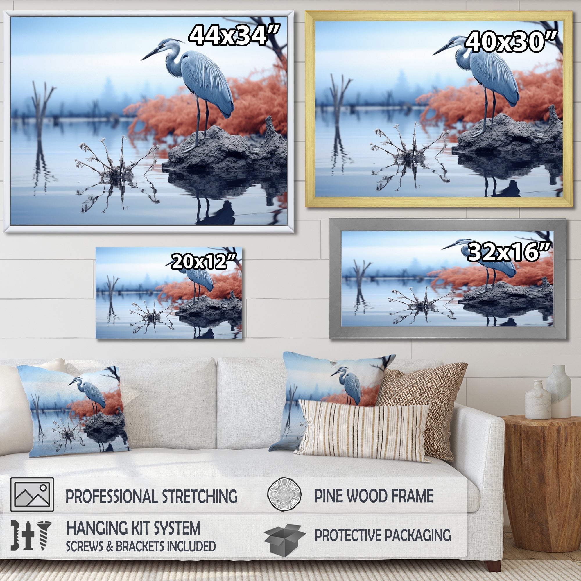 Heron Silent Waters Blue - Heron Canvas Wall Art
