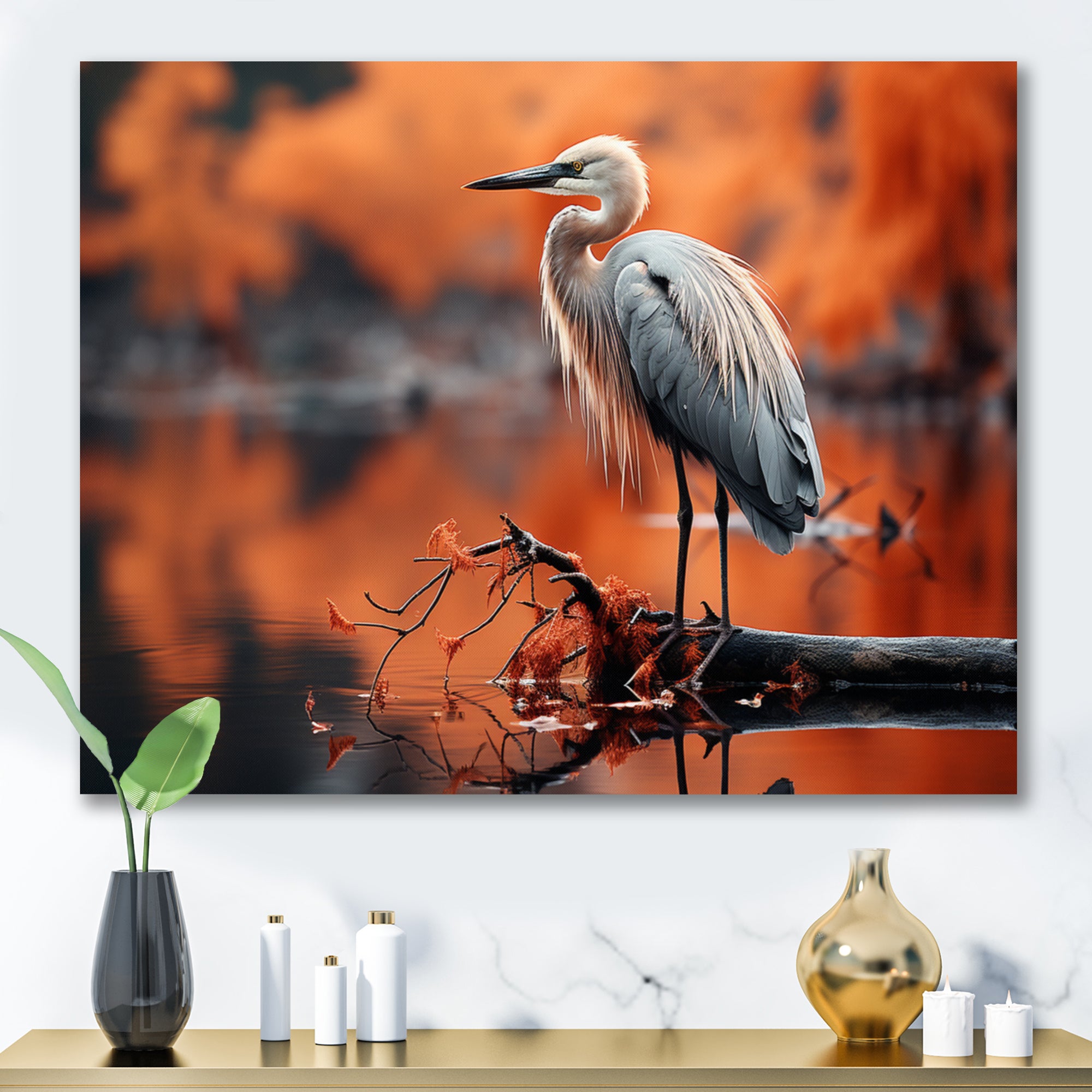 Grey Red Heron Solitude - Heron Wall Decor