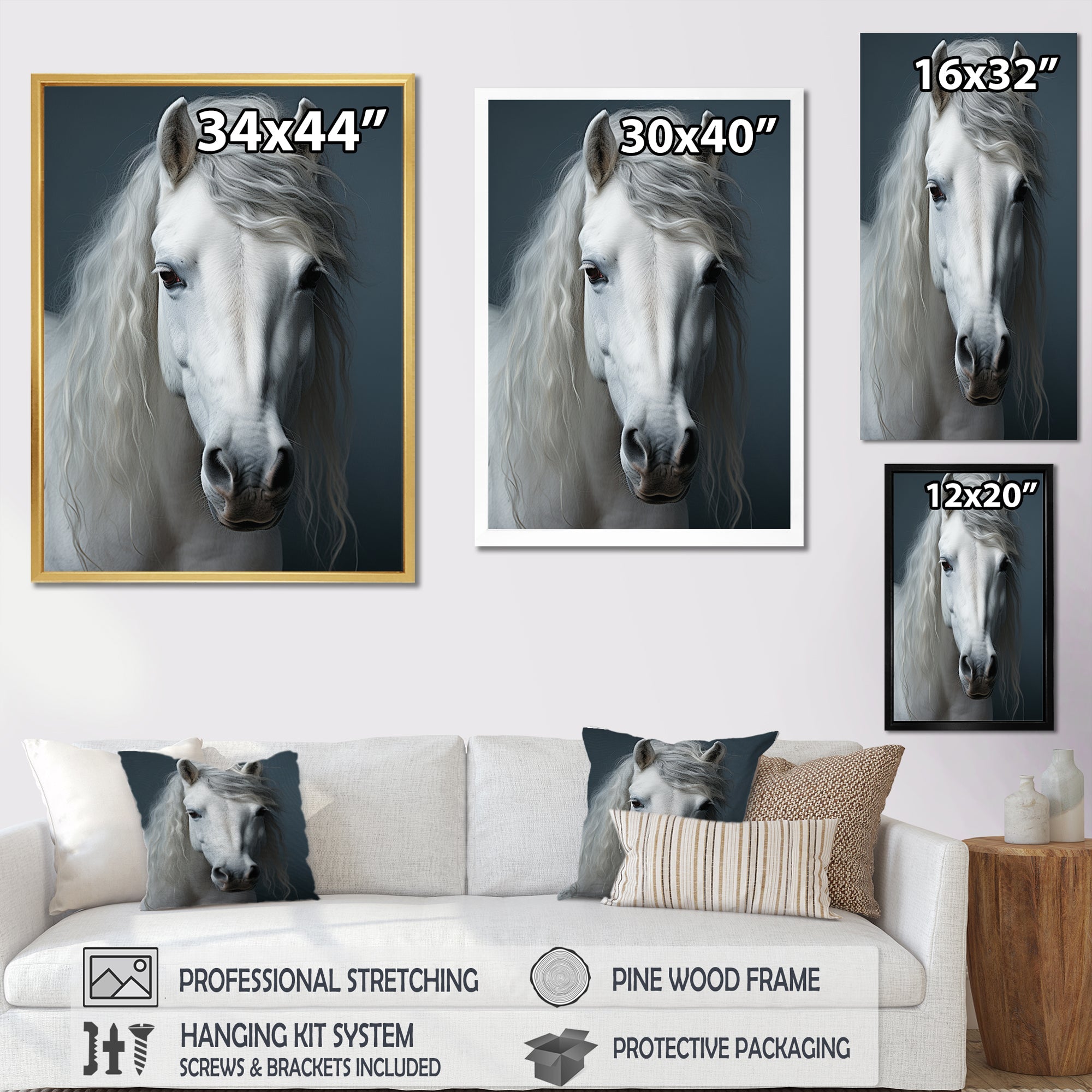 White Horse Crisp Monochrome - Horse Bedroom Wall Art
