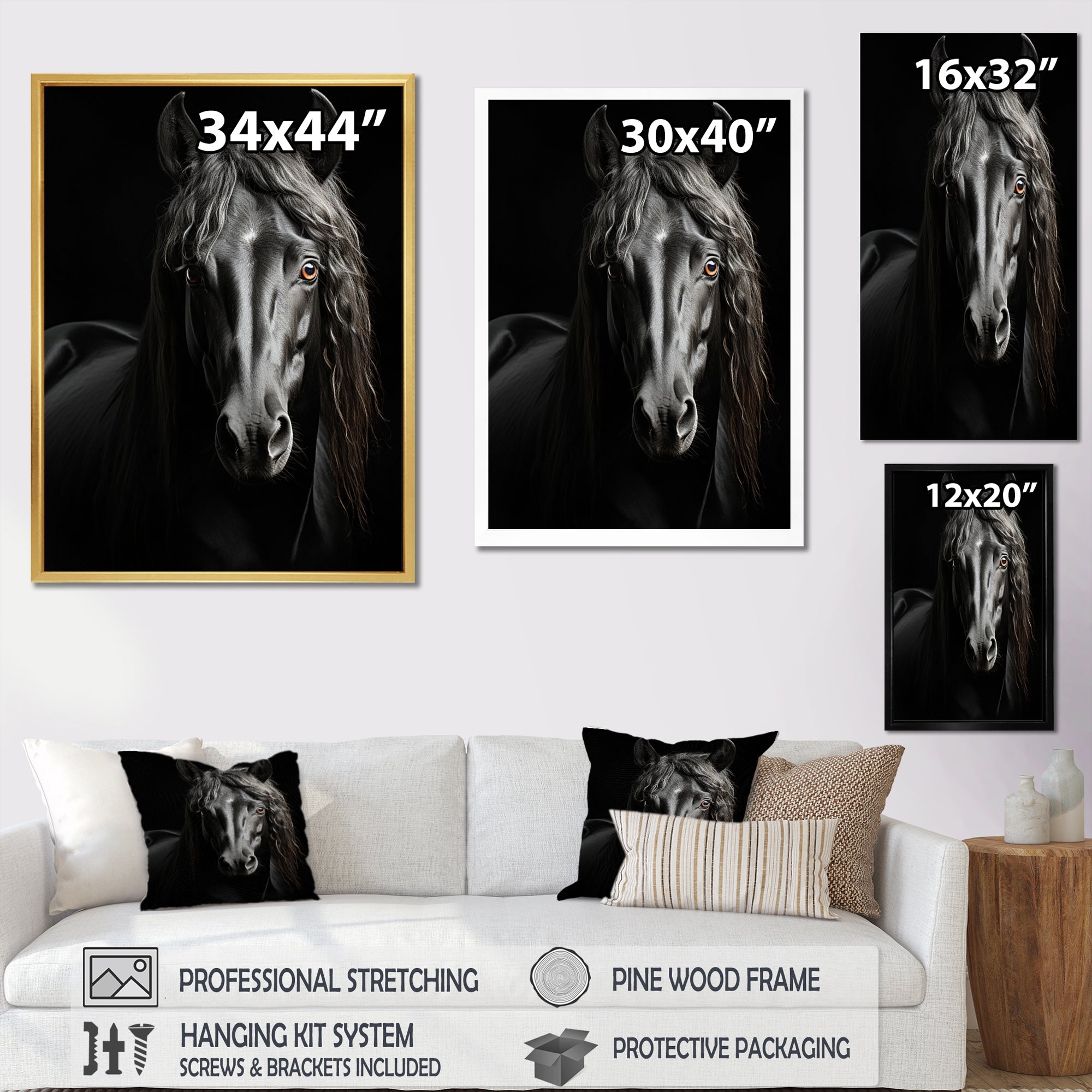 Black White Horse Portrait Vibrant - Horse Wall Decor