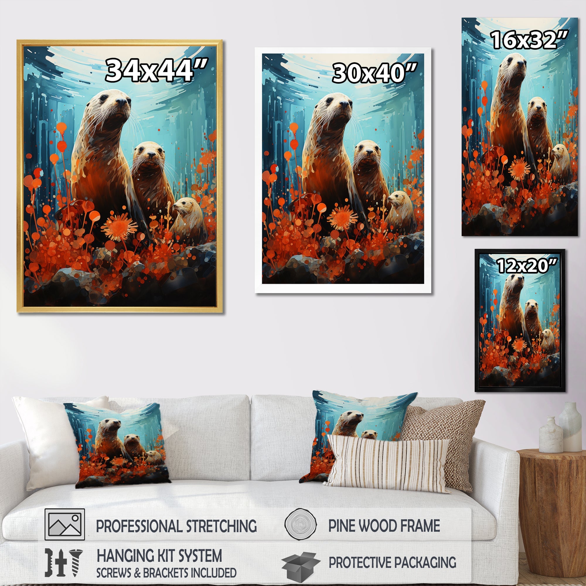 Teal Orange Marine Animals Curious Sea - Marine Animals Canvas Wall Art