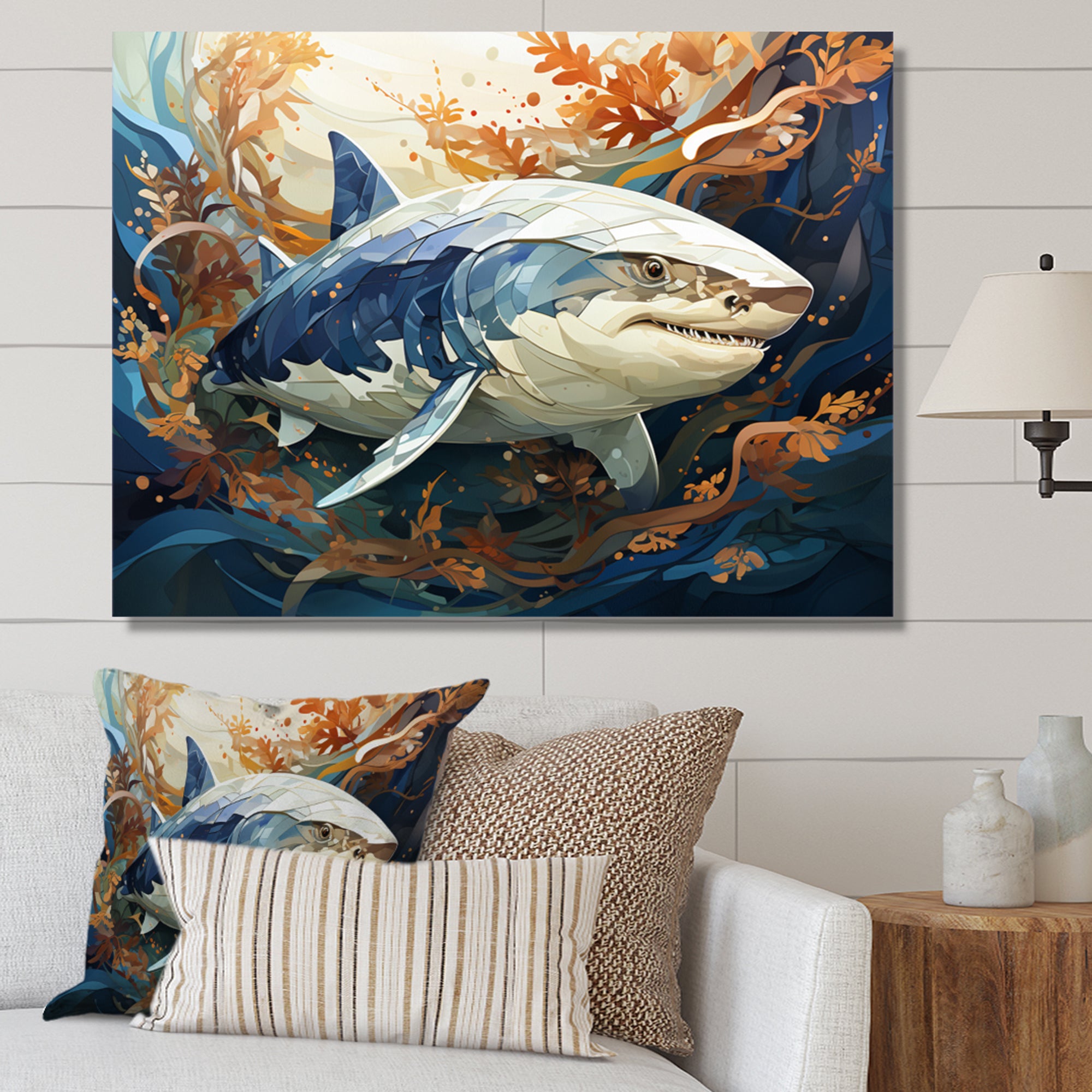 Grey Orange Shark Harmony - Marine Animals Wall Art Prints