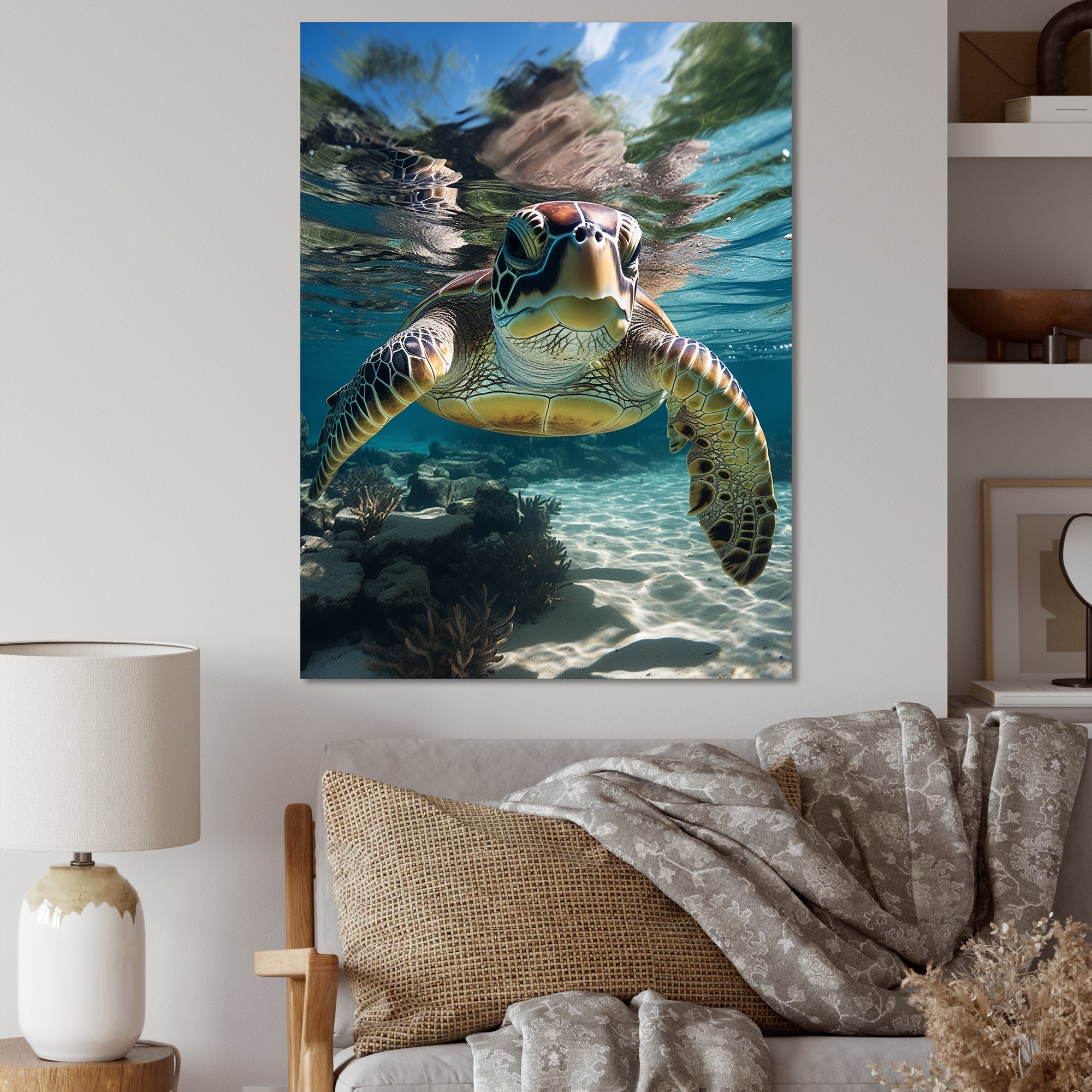 Green Teal Turtle Portrait Stunning - Green Marine Animals Wall Art