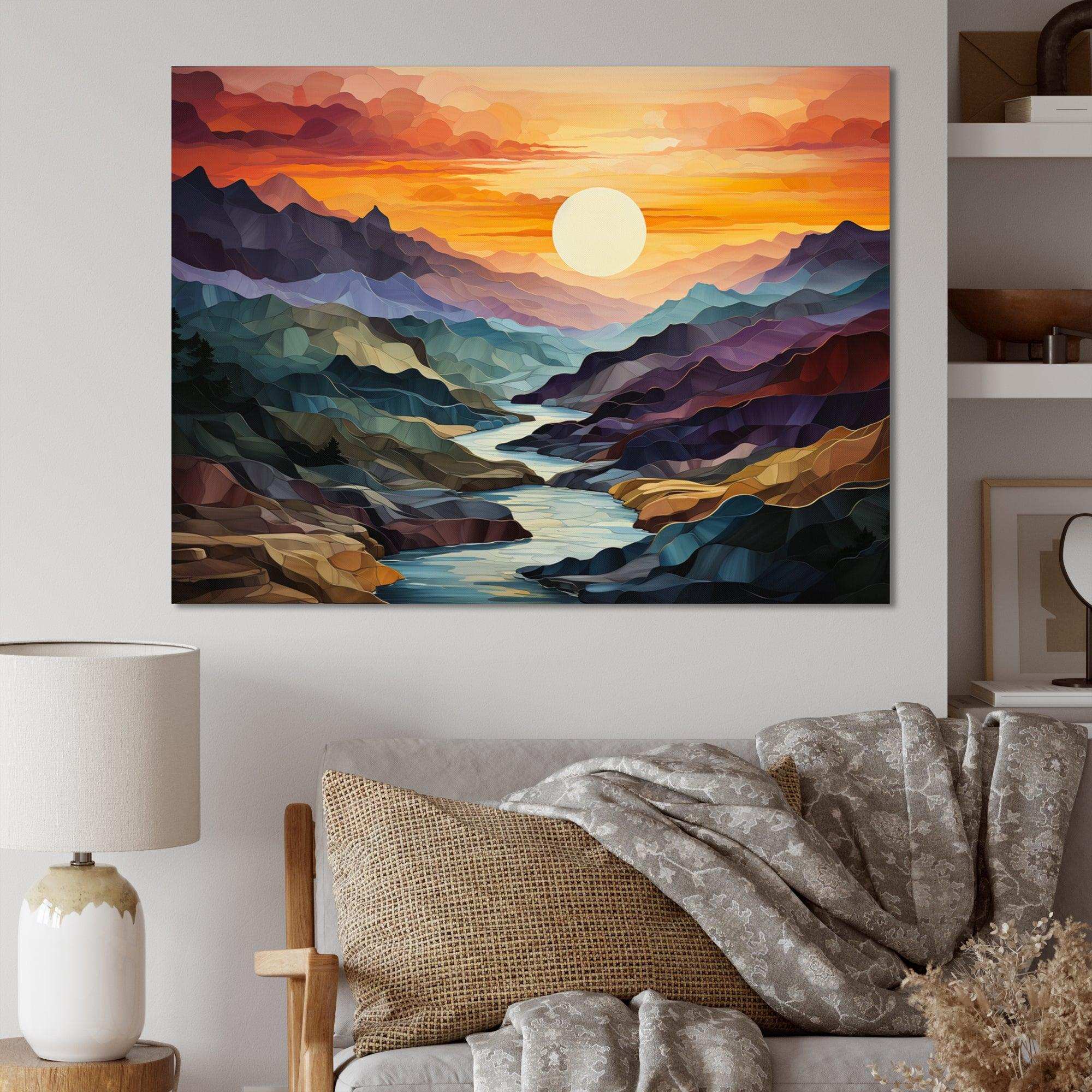Orange Teal Mountains Bold Landscape - Landscapes Canvas Wall Art