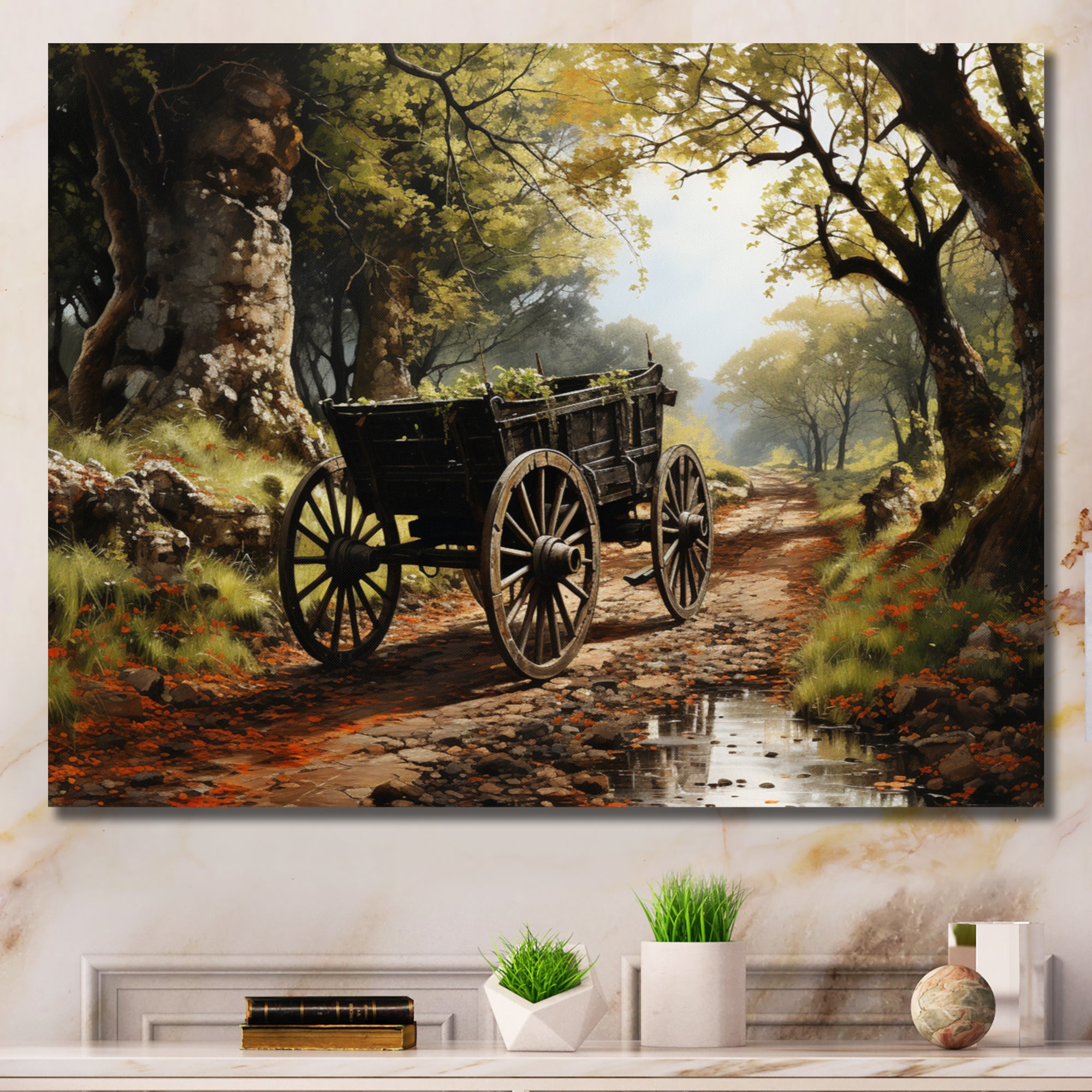Brown Old Cart  Path - Old American Cart Canvas Wall Art