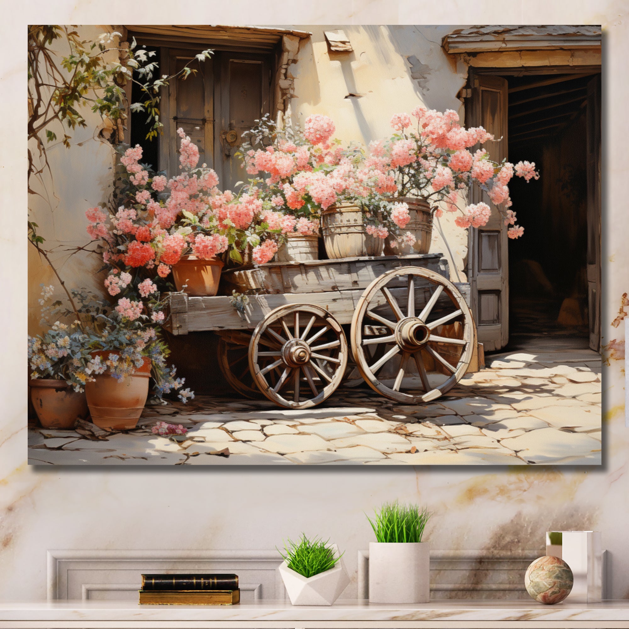 Pink Old Cart Wheels - Old American Cart Canvas Wall Art