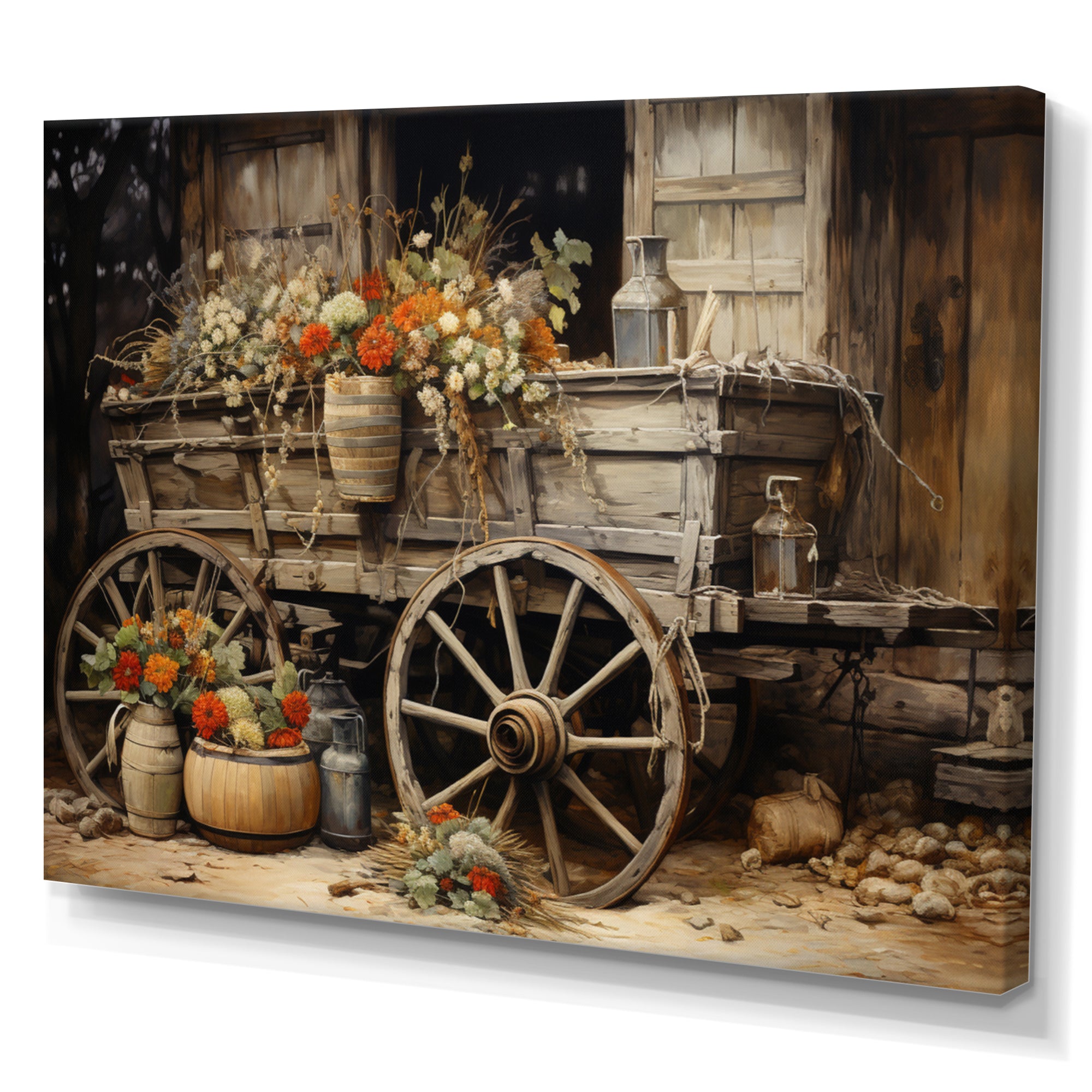 Grey Old Cart Of Flowers I - Old American Cart Canvas Wall Art