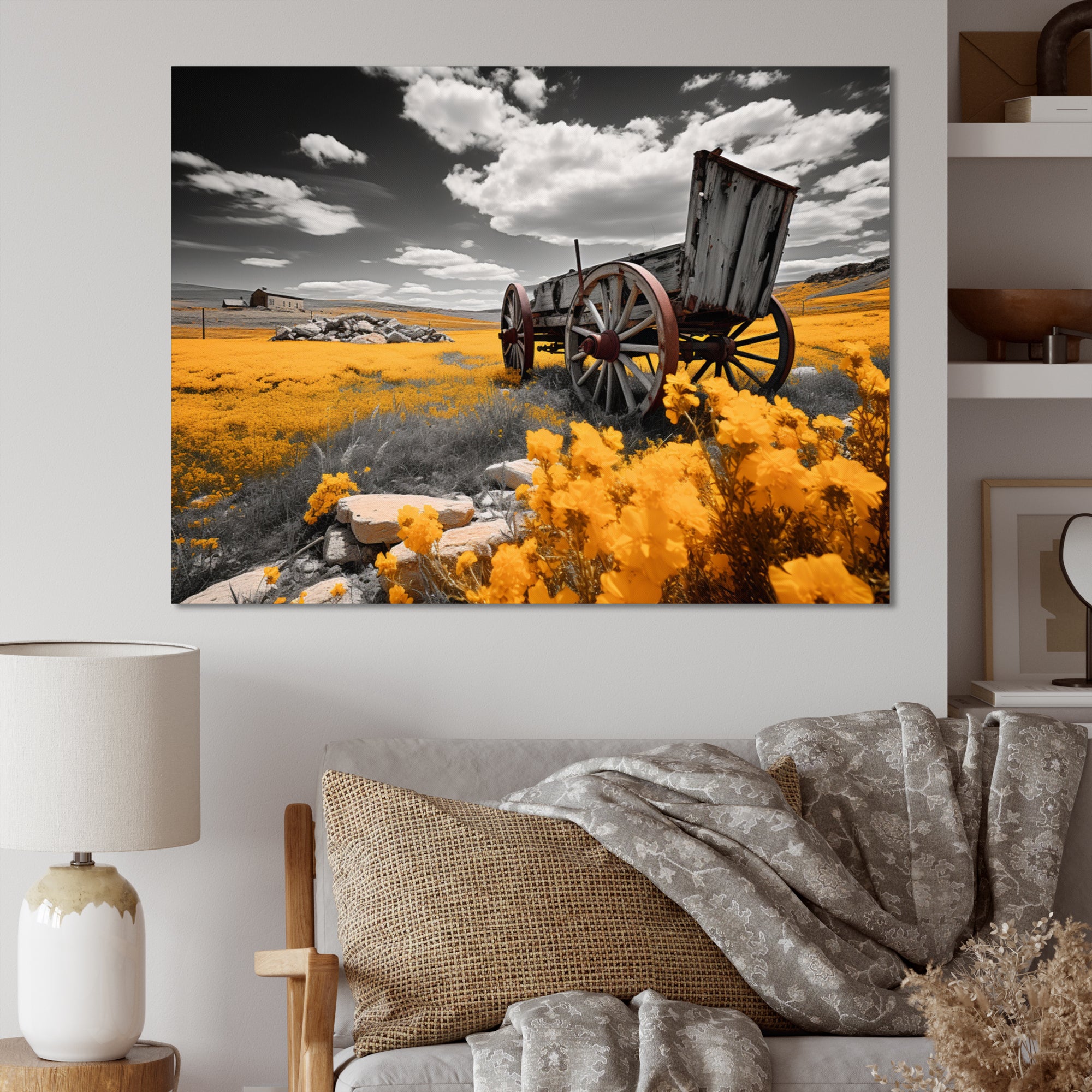 Yellow Old Cart Roadside Relic I - Old American Cart Canvas Wall Art