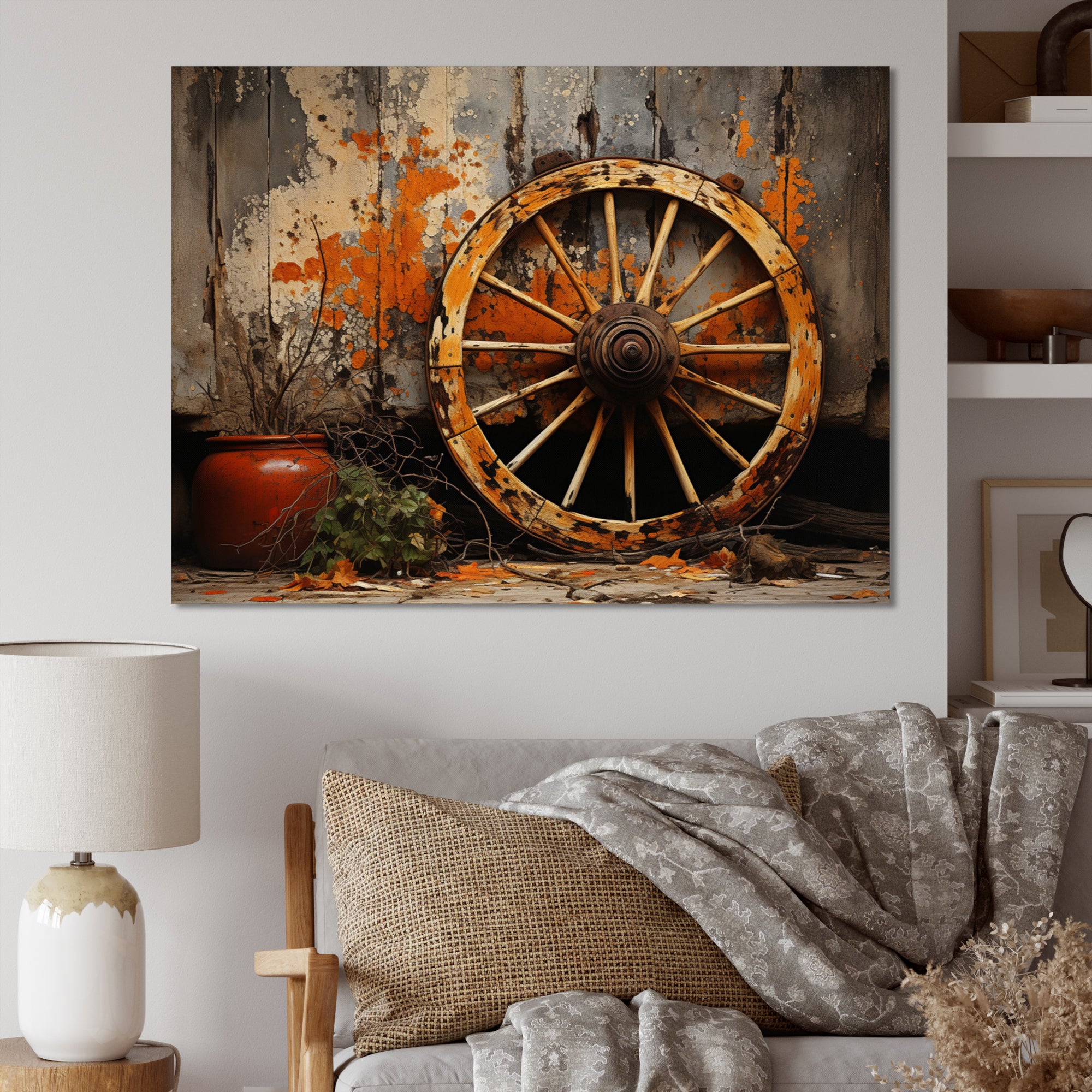 Orange Old Cart Wheels I - Old American Cart Canvas Wall Art