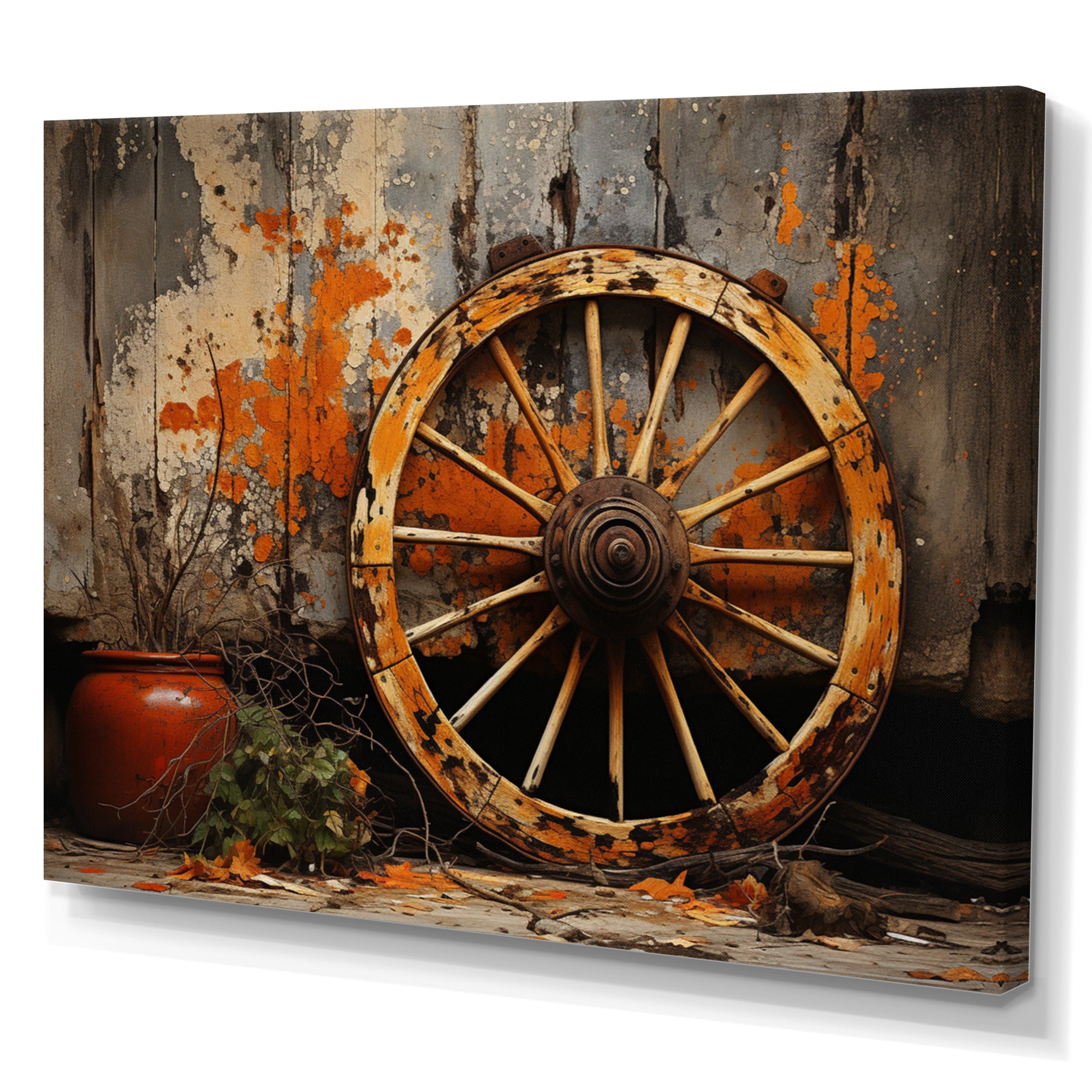 Orange Old Cart Wheels I - Old American Cart Canvas Wall Art