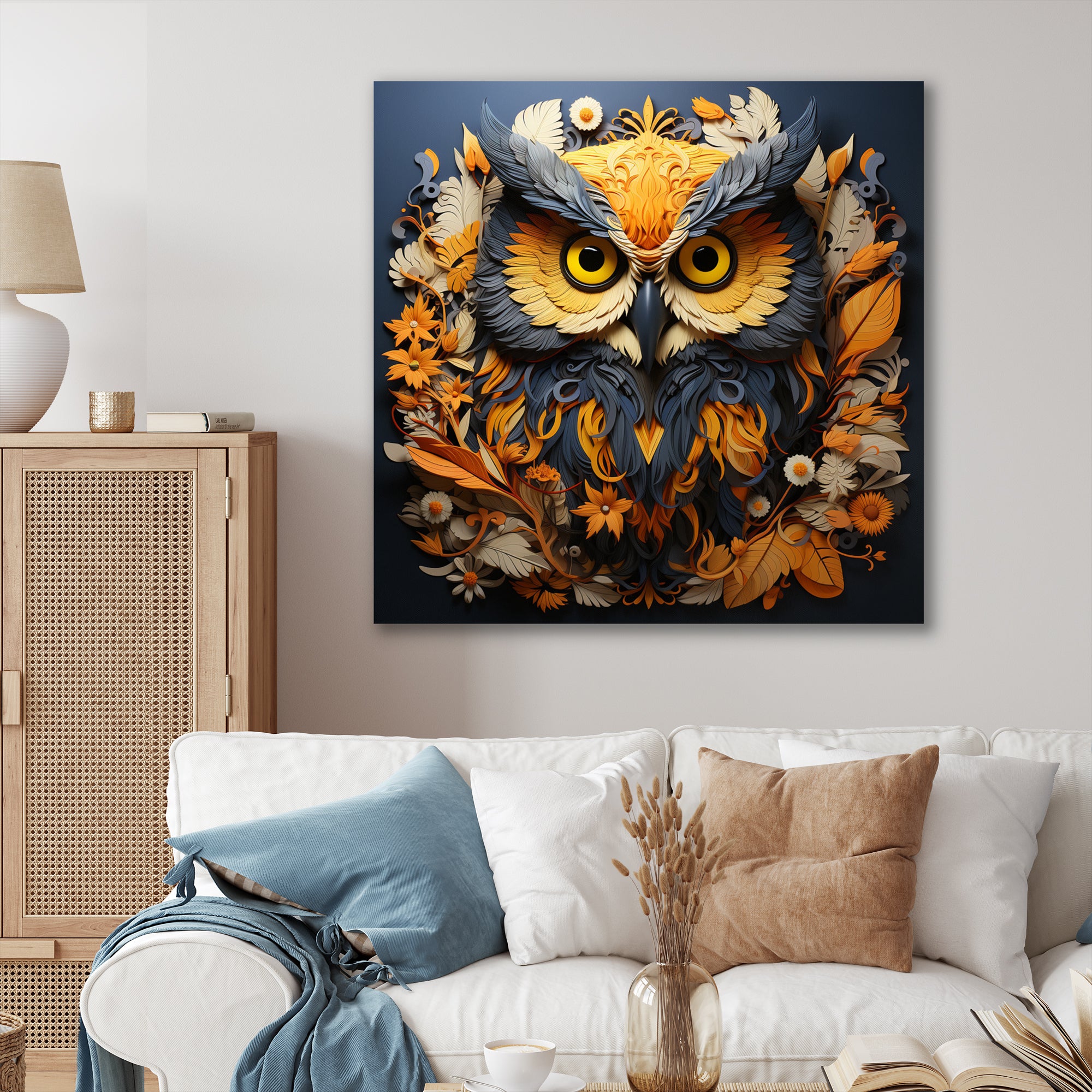 Yellow Owl Wise Owl Papercut - Owl Wall Decor