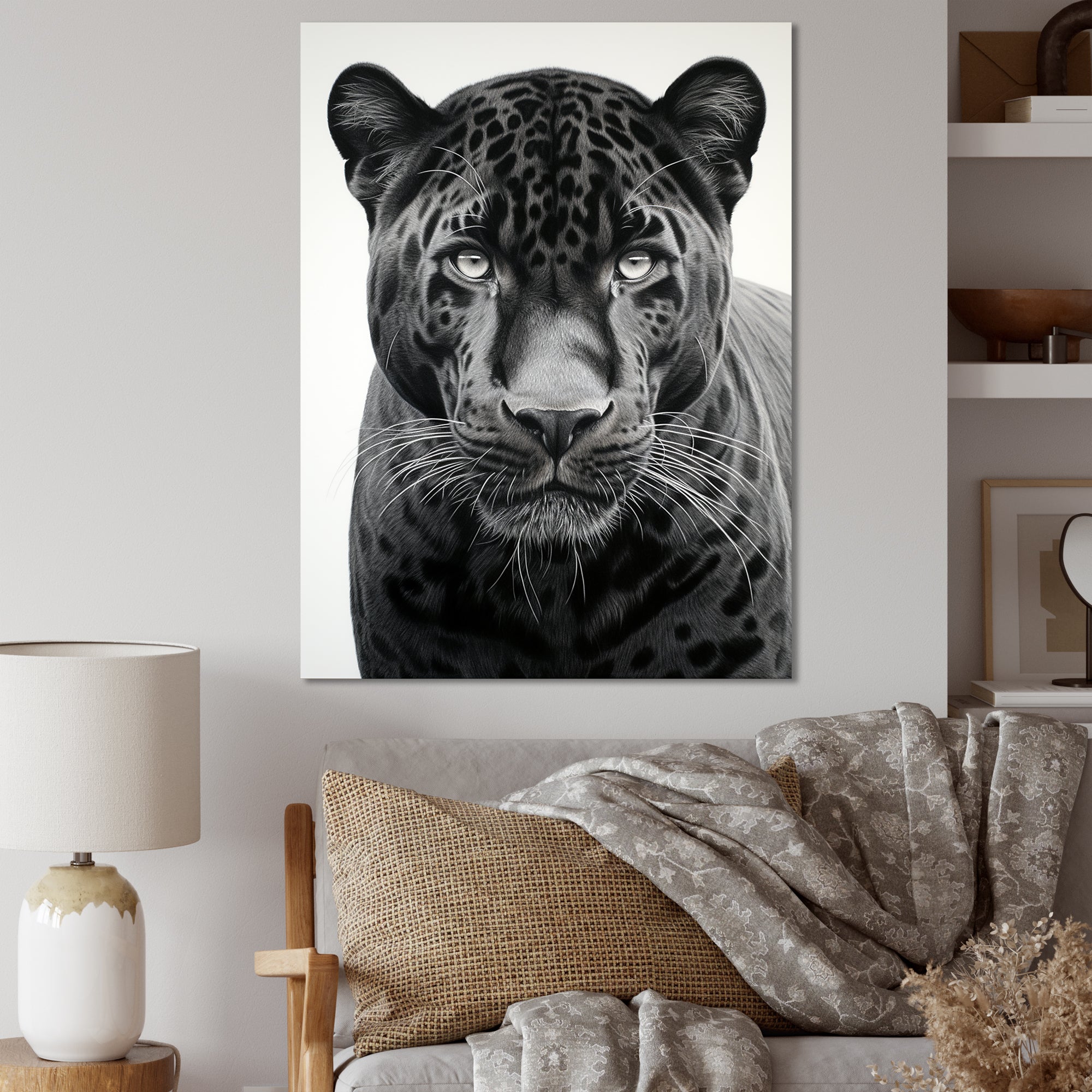 Grey White Panther Realistic Gaze - Panther Framed Canvas Art