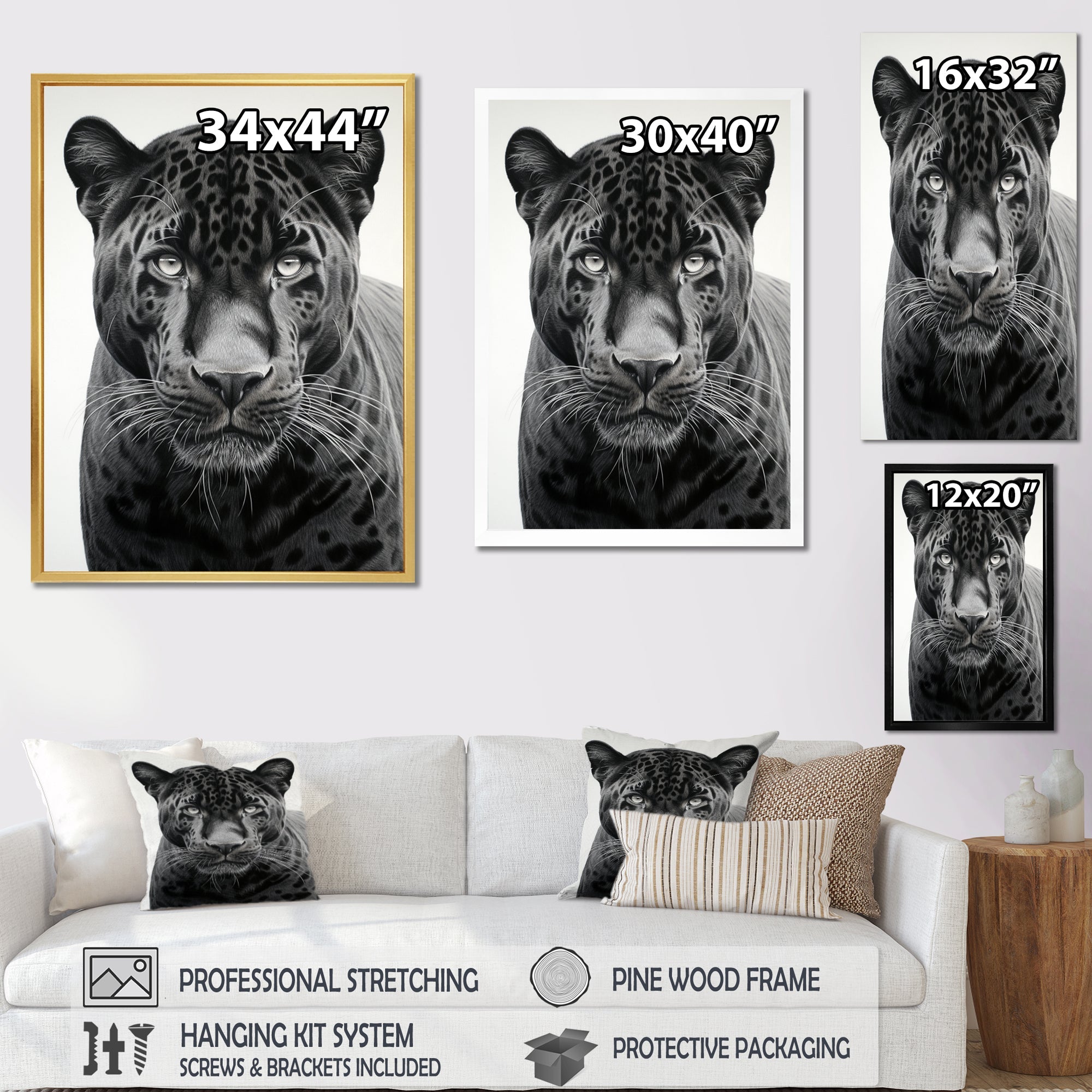 Grey White Panther Realistic Gaze - Panther Framed Canvas Art