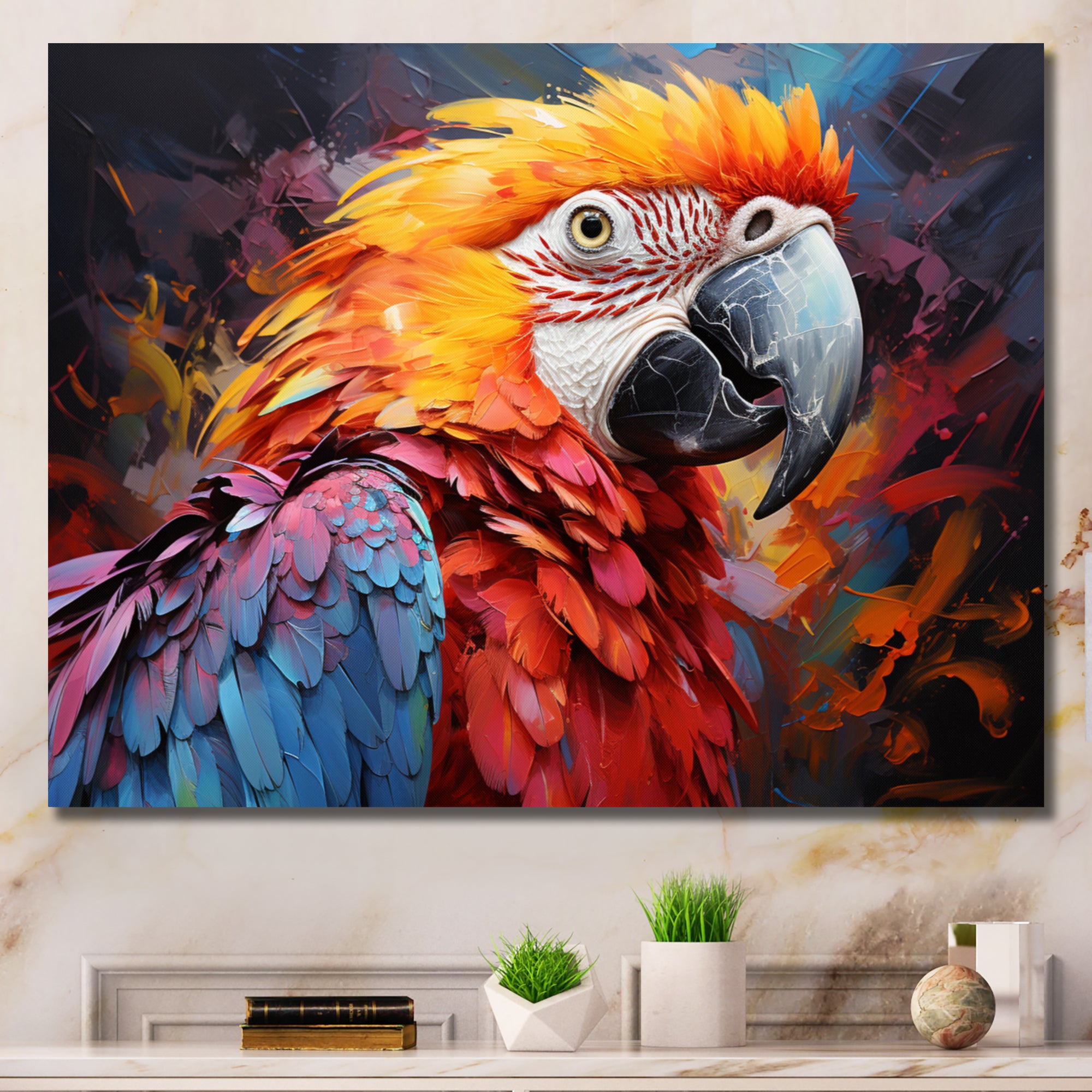 Orange Blue Parrot Vibrant Plumage Collage - Parrot Framed Canvas Art