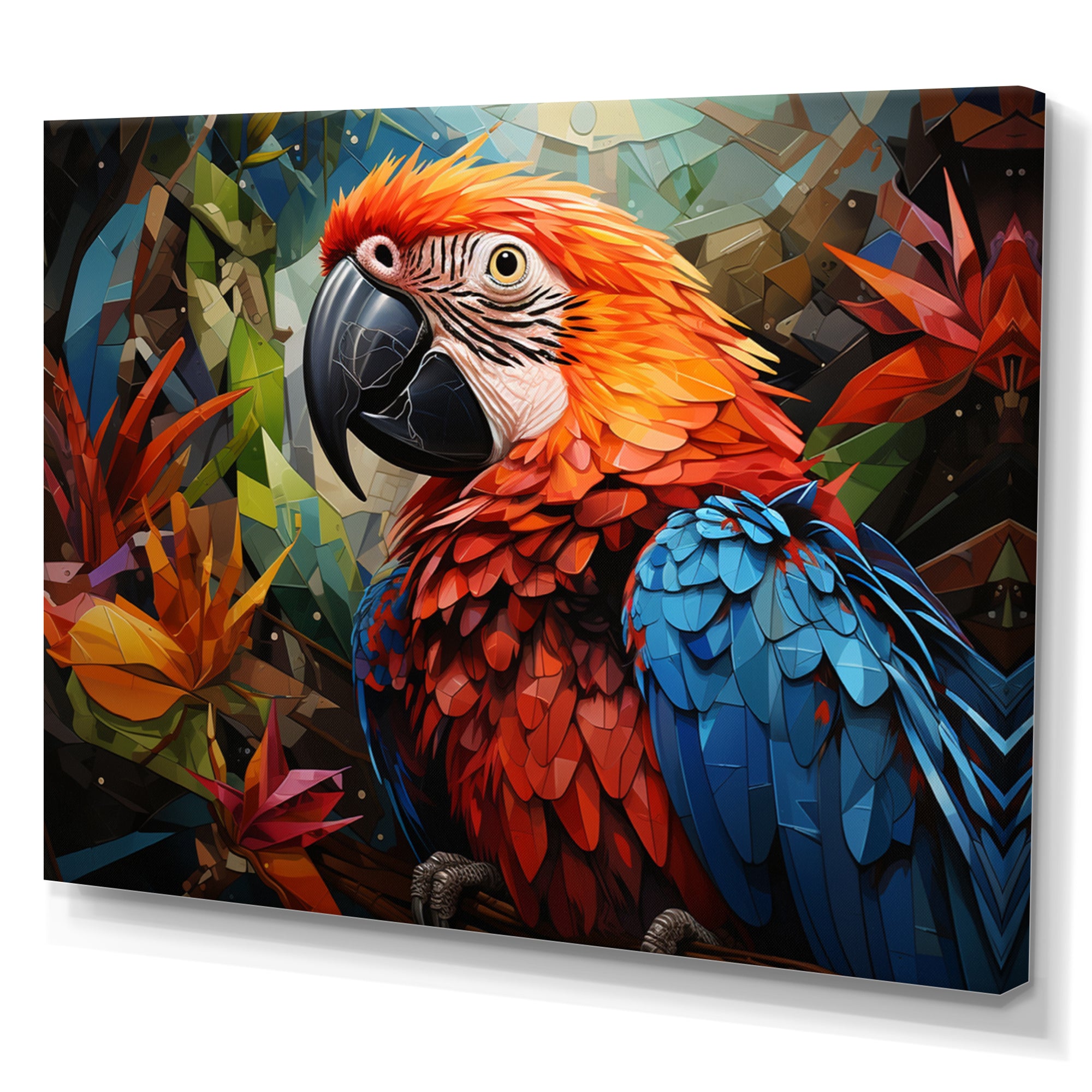 Red Parrot Vibrant Plumage Geometric - Parrot Large Canvas Wall Art