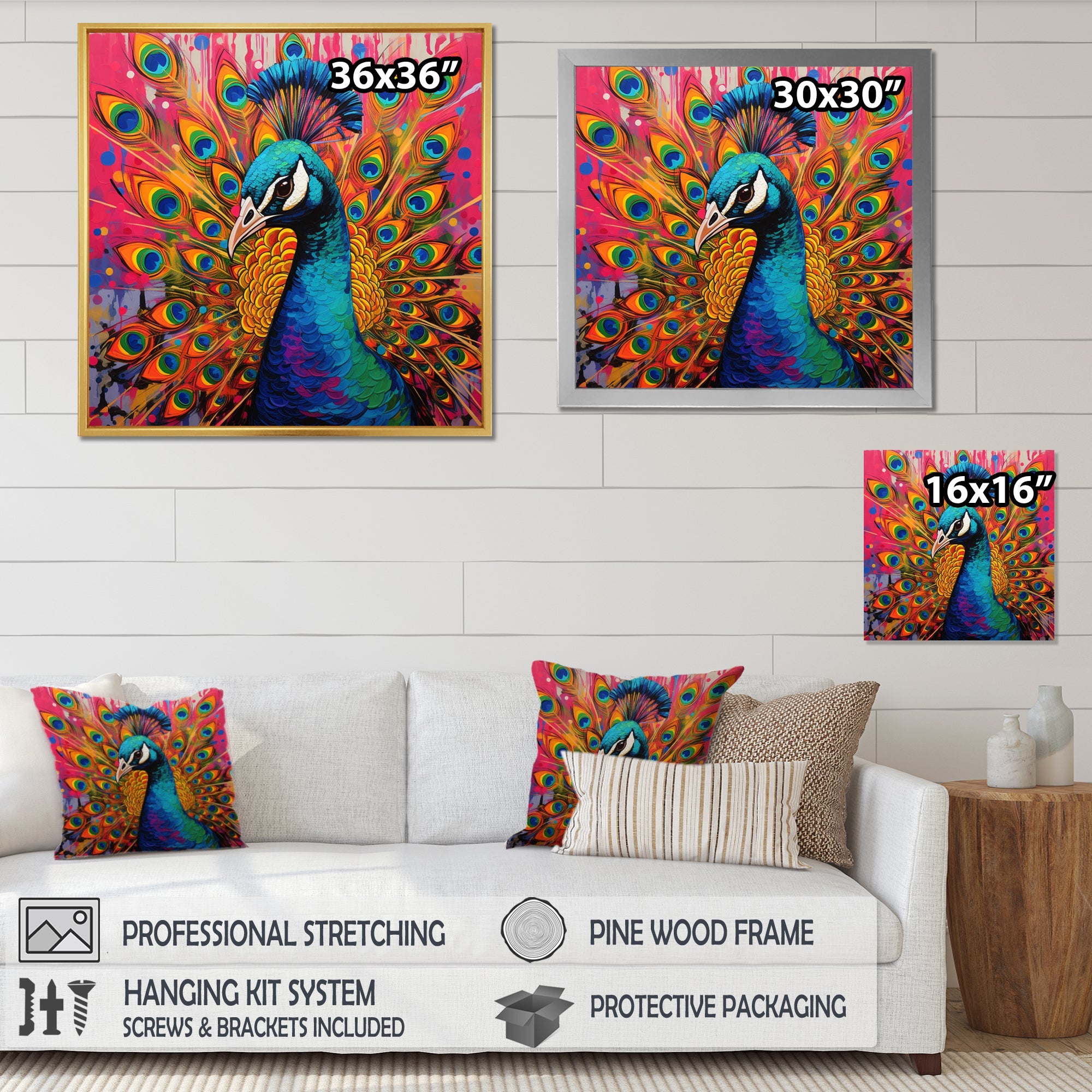 Teal Pink Pop Art Peacock - Peacock Canvas Wall Art