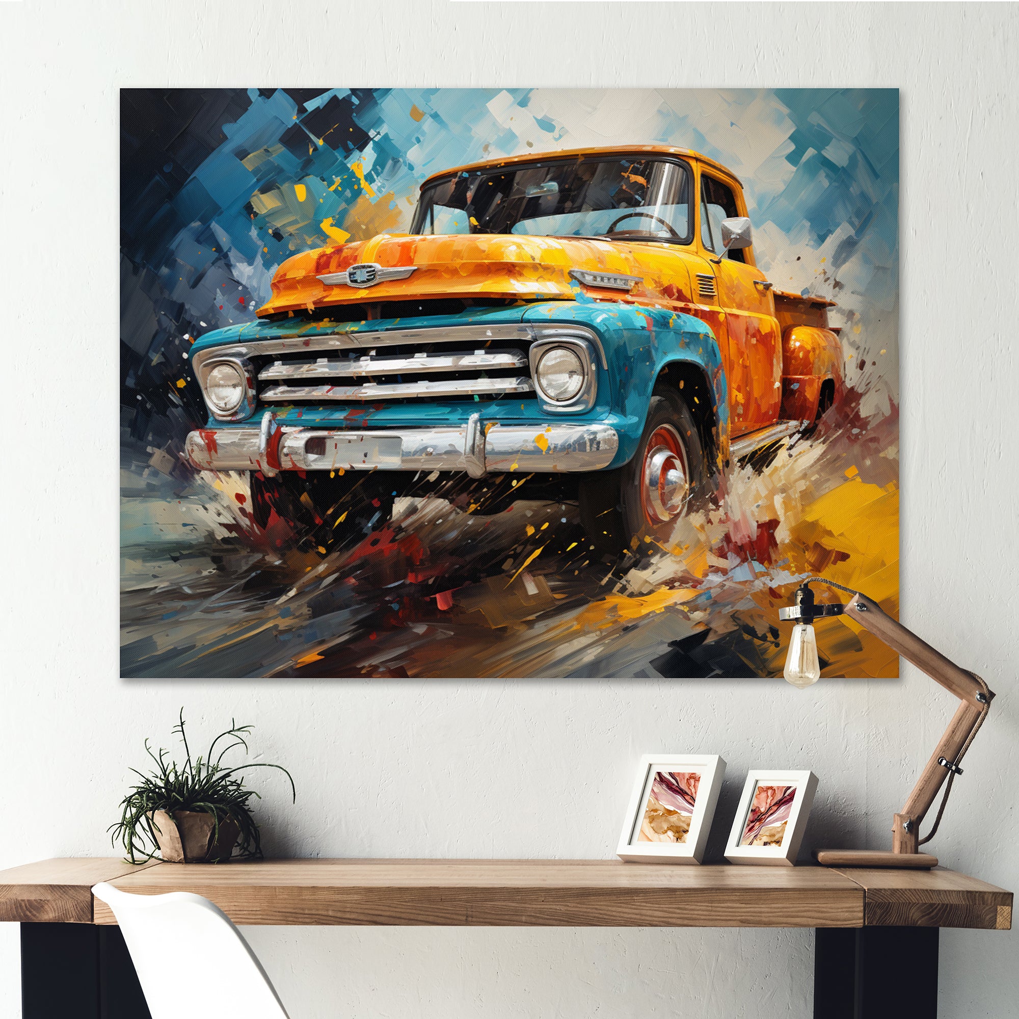 Yellow Pickup Truck Abstract Expressionism - Pickup Truck Canvas Wall Art