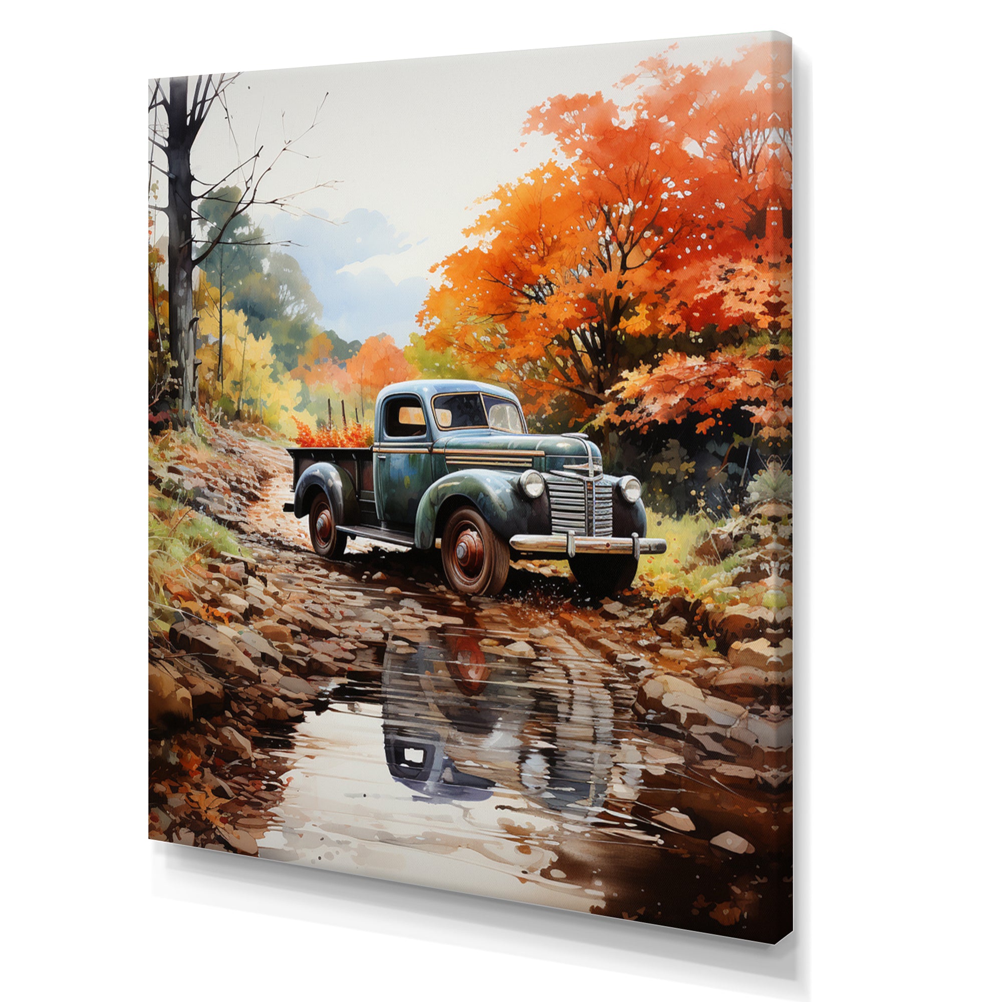 Orange Pickup Truck Autumn Symphony - Pickup Truck Canvas Wall Art