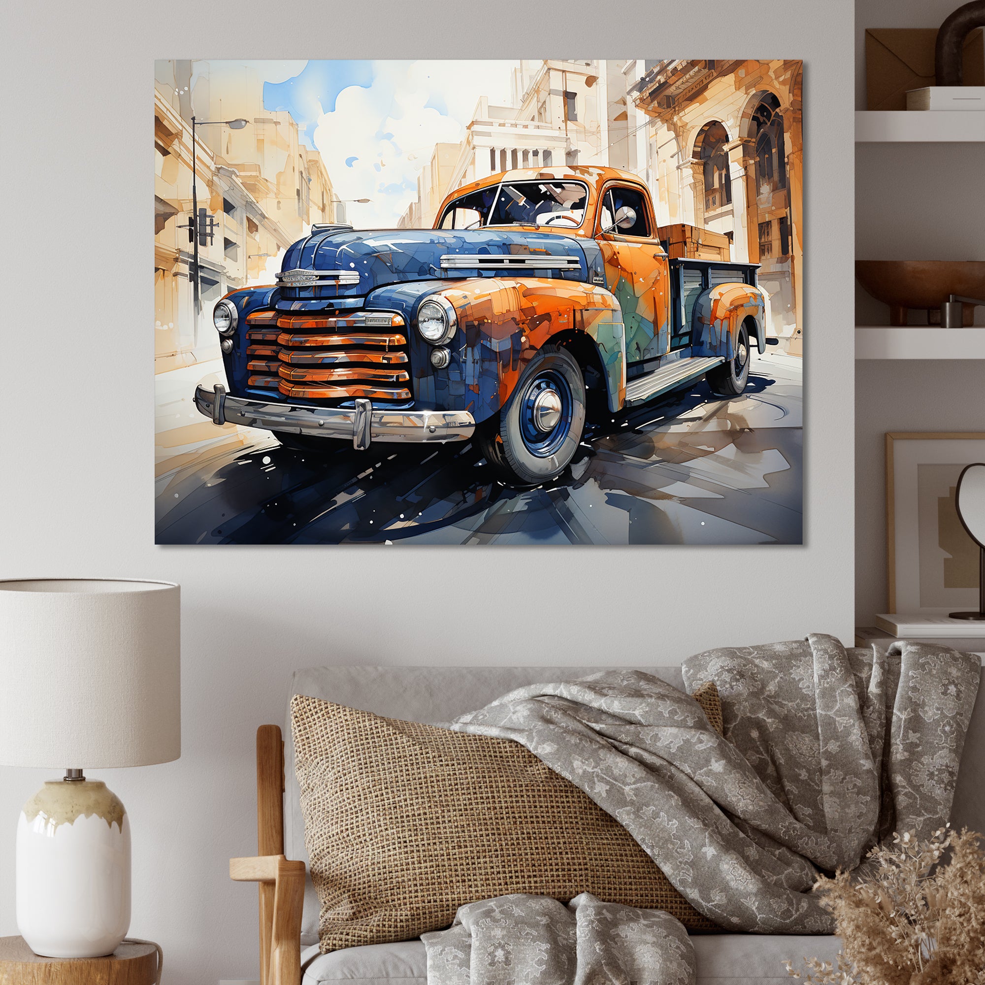 Orange Blue Pickup Truck Bold Contours I - Pickup Truck Canvas Wall Art