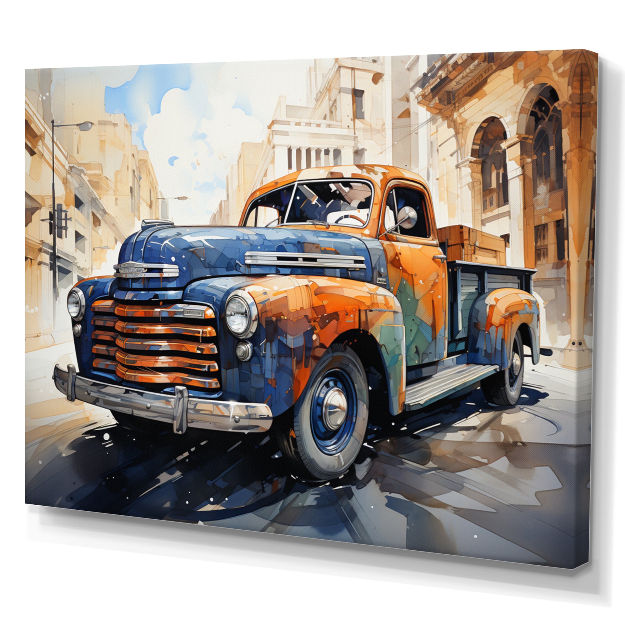 Orange Blue Pickup Truck Bold Contours I - Pickup Truck Canvas Wall Art