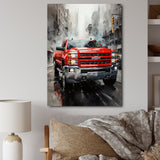 Red Pickup Truck Cityscape Hauler I - Pickup Truck Canvas Wall Art