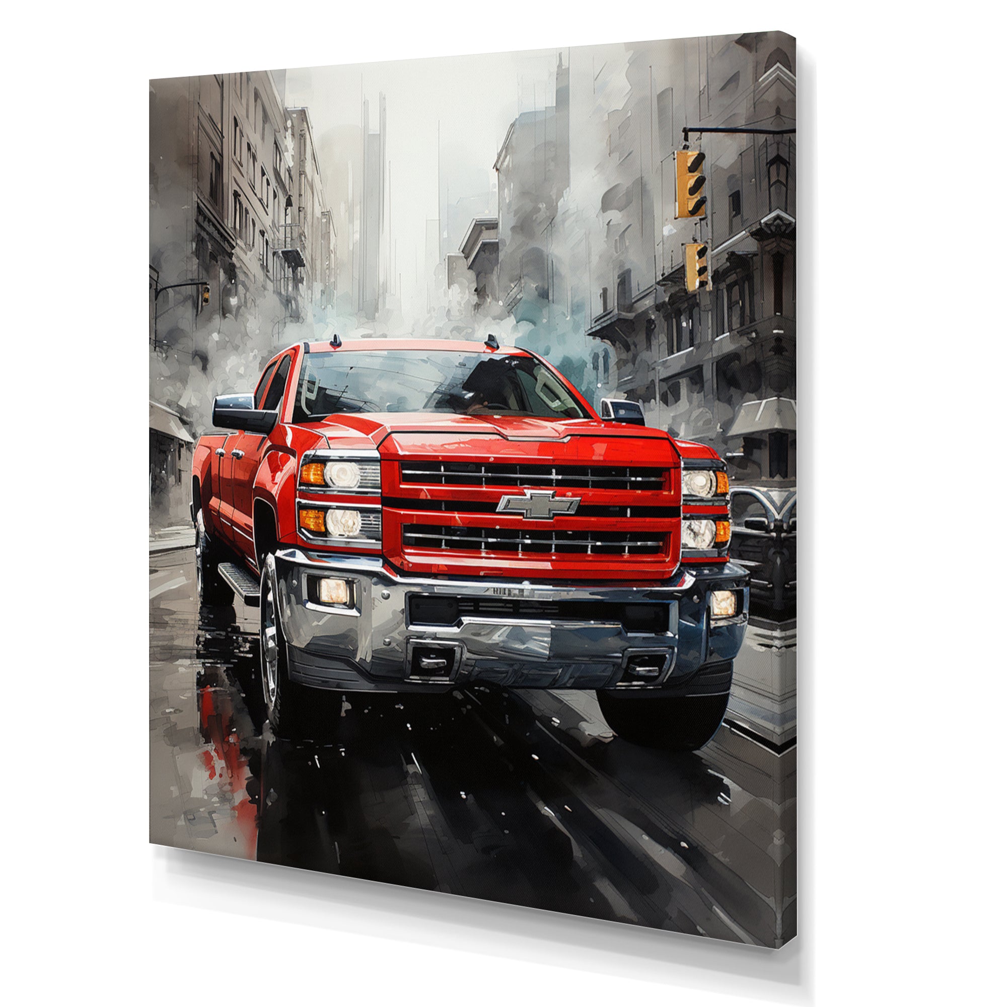 Red Pickup Truck Cityscape Hauler I - Pickup Truck Canvas Wall Art
