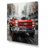 Red Pickup Truck Cityscape Hauler I - Pickup Truck Canvas Wall Art