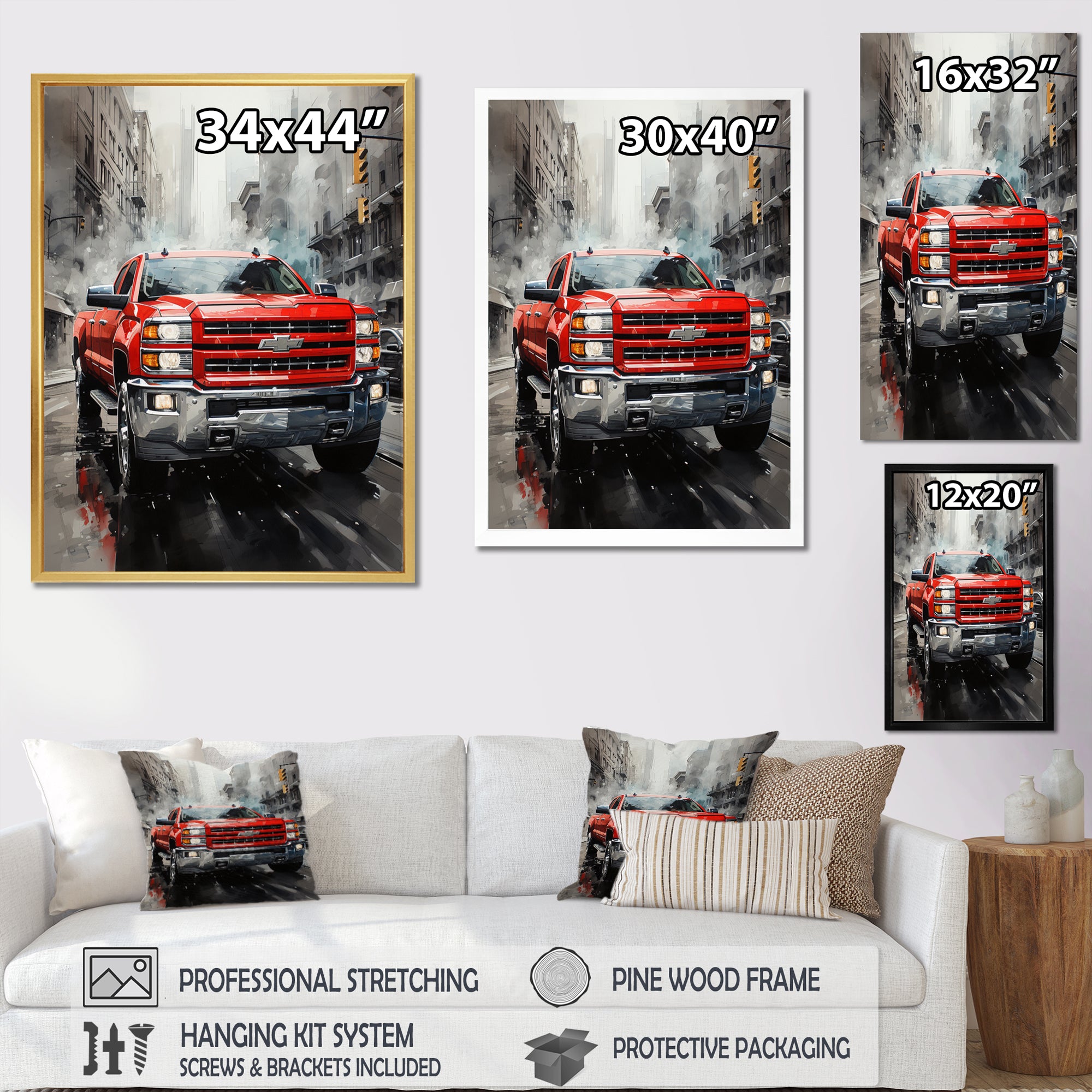 Red Pickup Truck Cityscape Hauler I - Pickup Truck Canvas Wall Art