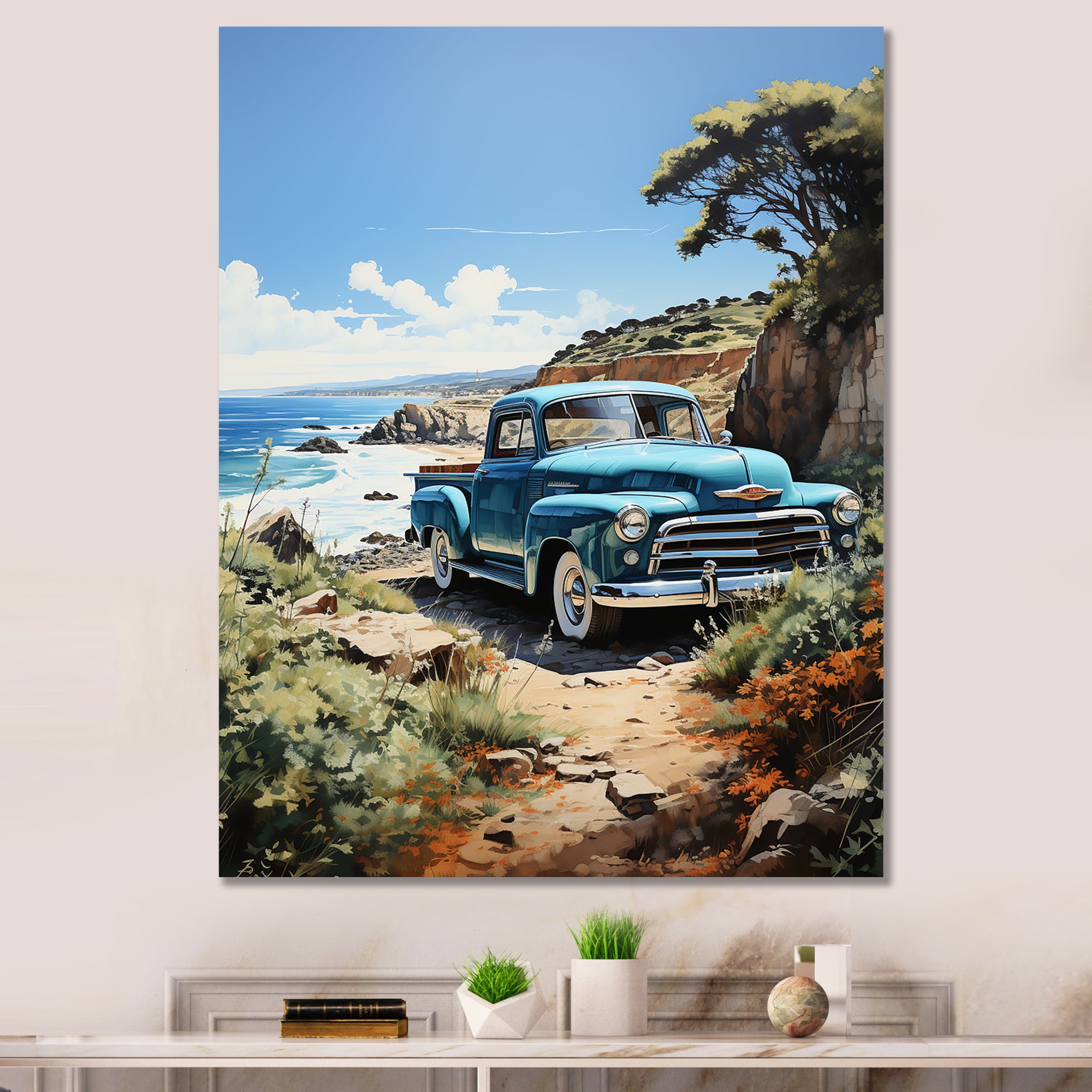 Blue Pickup Truck Coastal Retreat I - Pickup Truck Canvas Wall Art