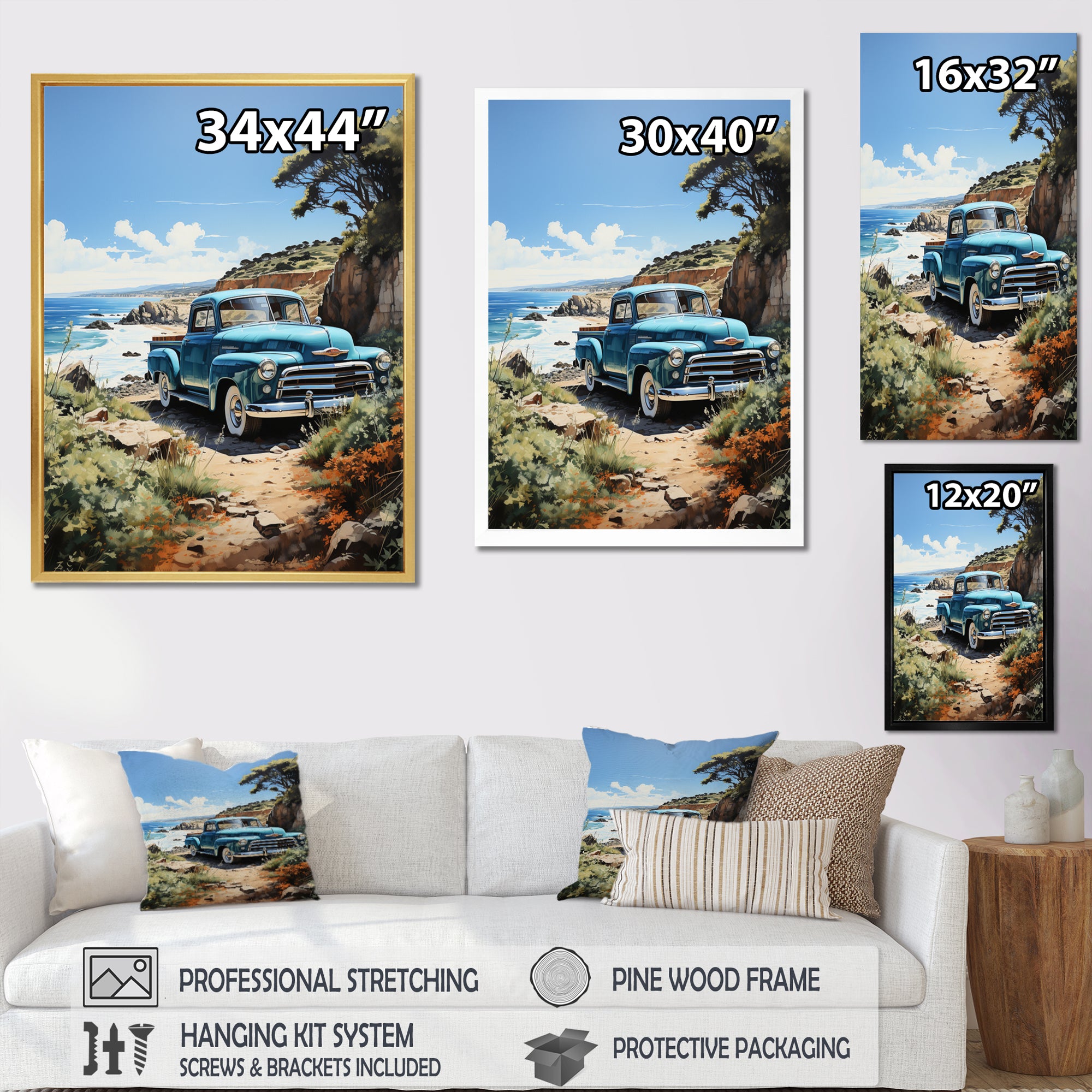 Blue Pickup Truck Coastal Retreat I - Pickup Truck Canvas Wall Art