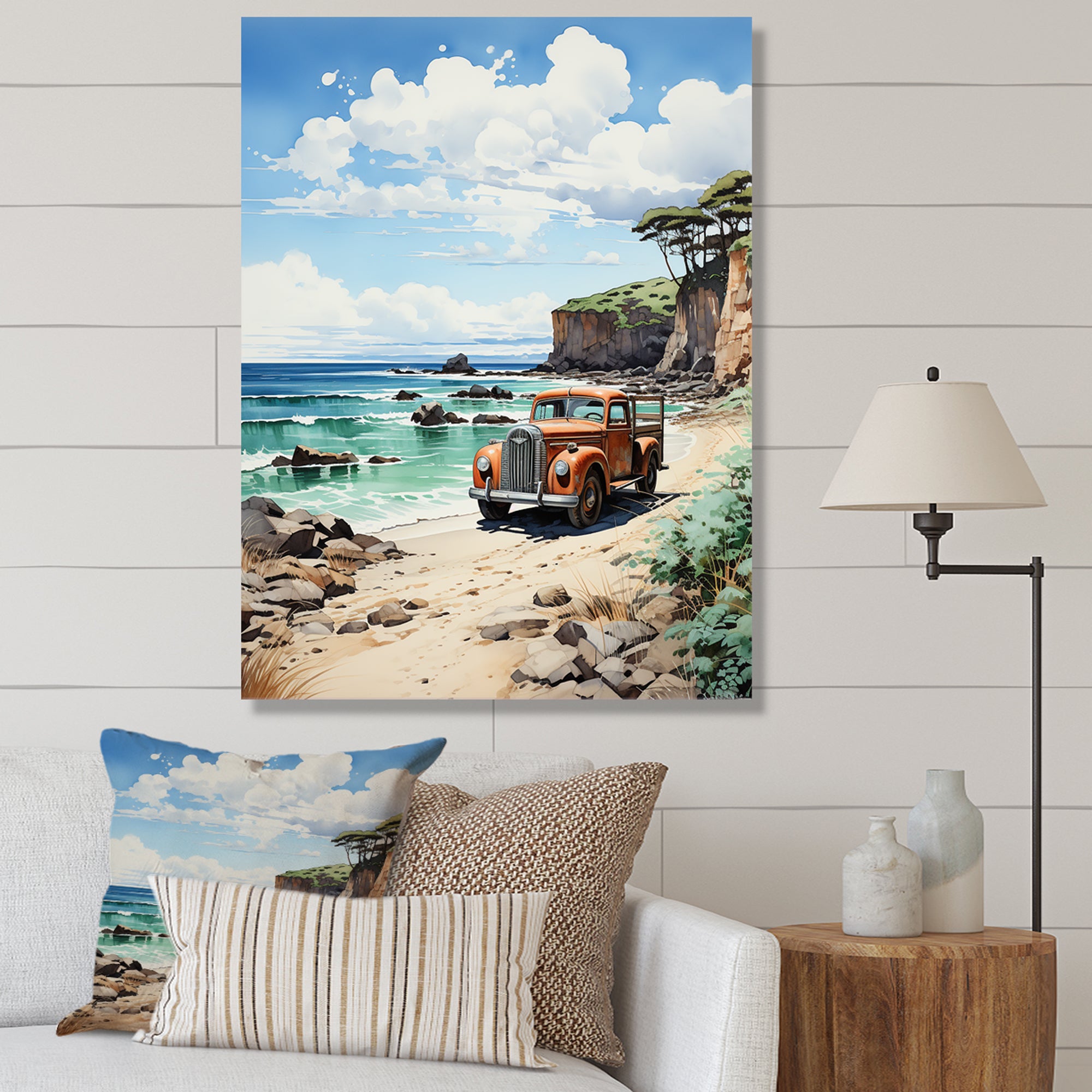 Coral Pickup Truck Coastal Retreat - Pickup Truck Canvas Wall Art