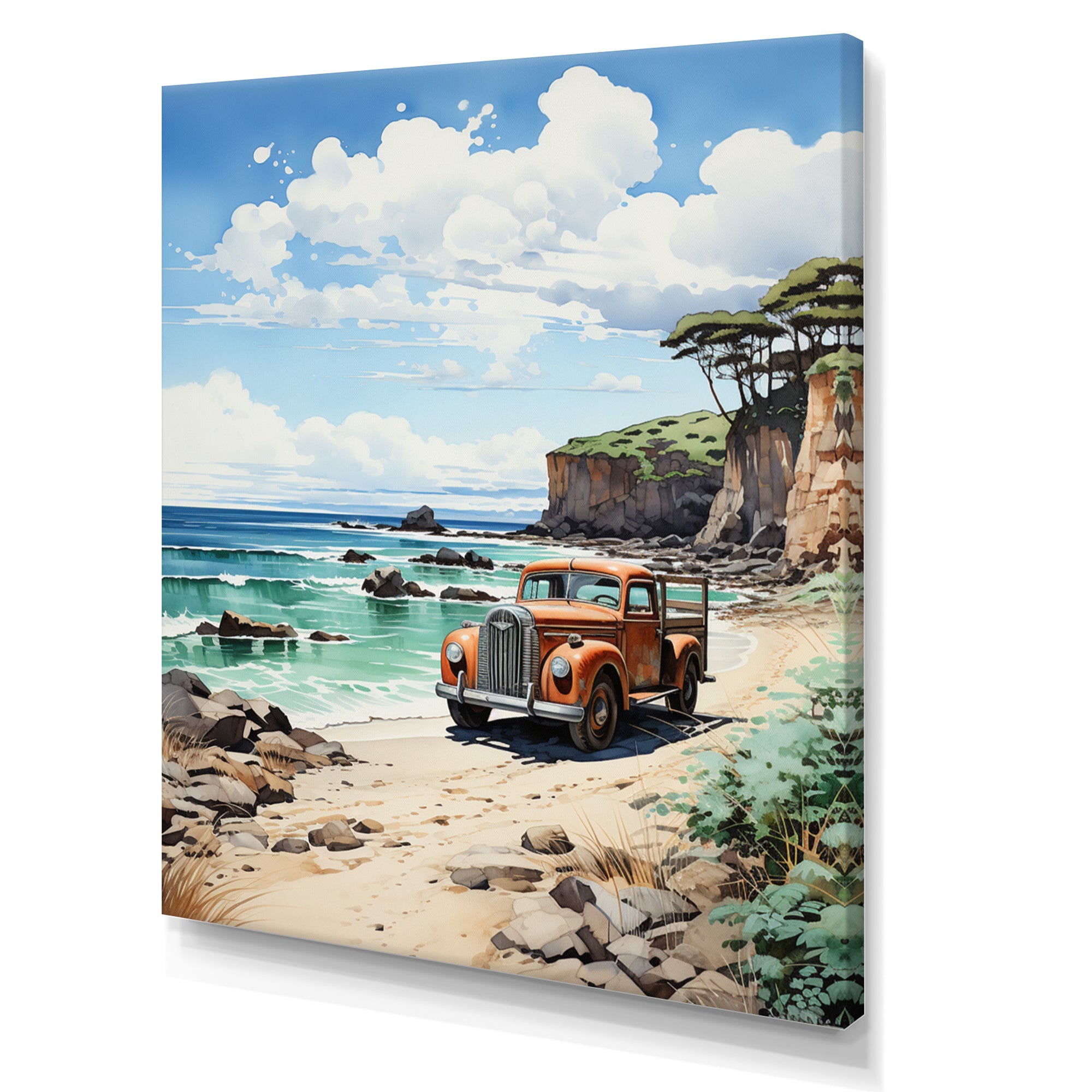 Coral Pickup Truck Coastal Retreat - Pickup Truck Canvas Wall Art