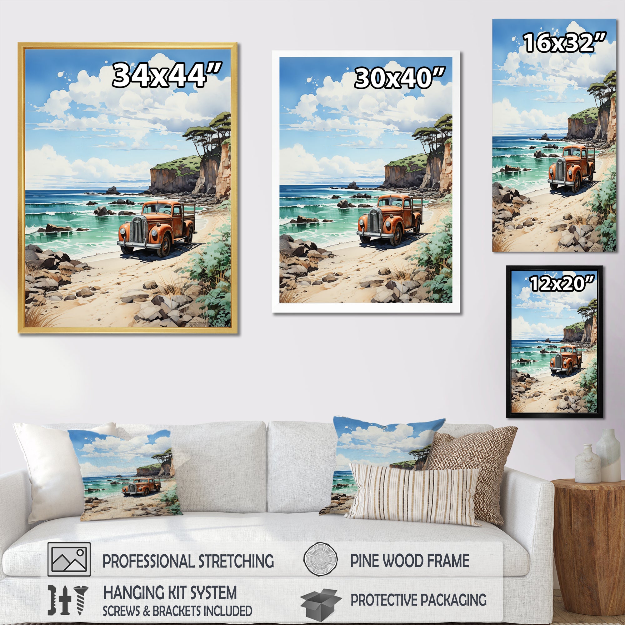 Coral Pickup Truck Coastal Retreat - Pickup Truck Canvas Wall Art