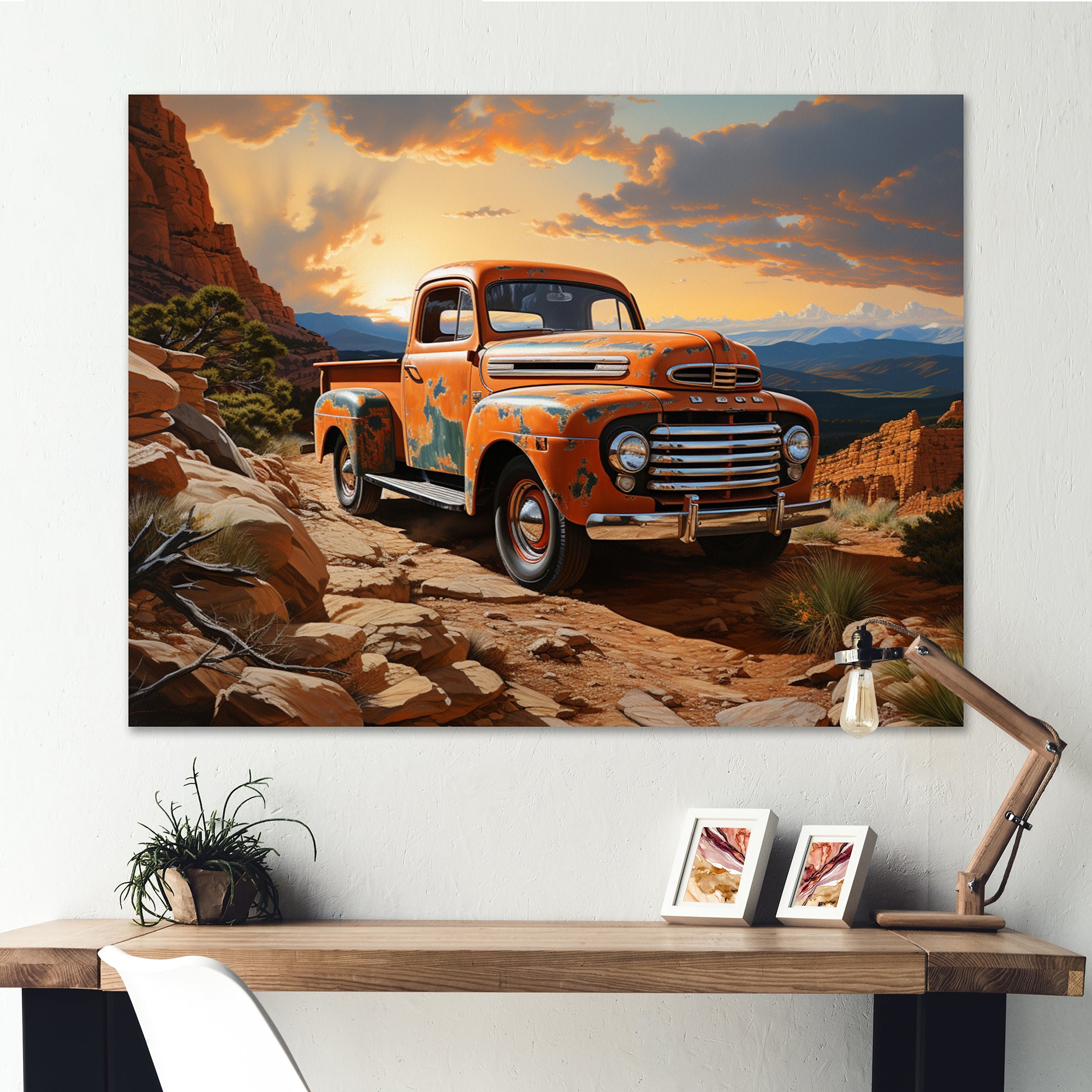 Orange Pickup Truck In Nevada Landscape - Pickup Truck Canvas Wall Art