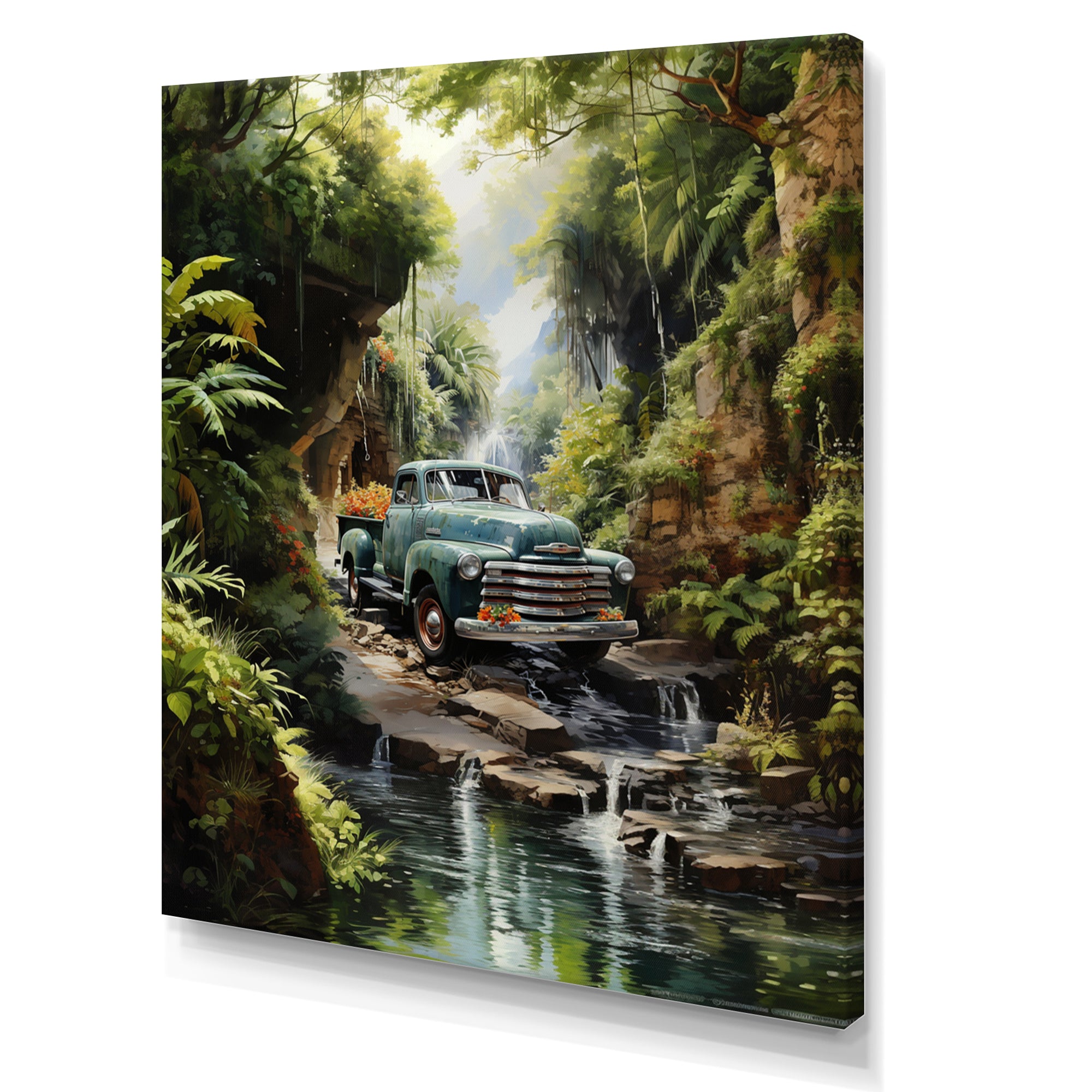 Green Pickup Truck Enchanting Waterfall I - Pickup Truck Canvas Wall Art