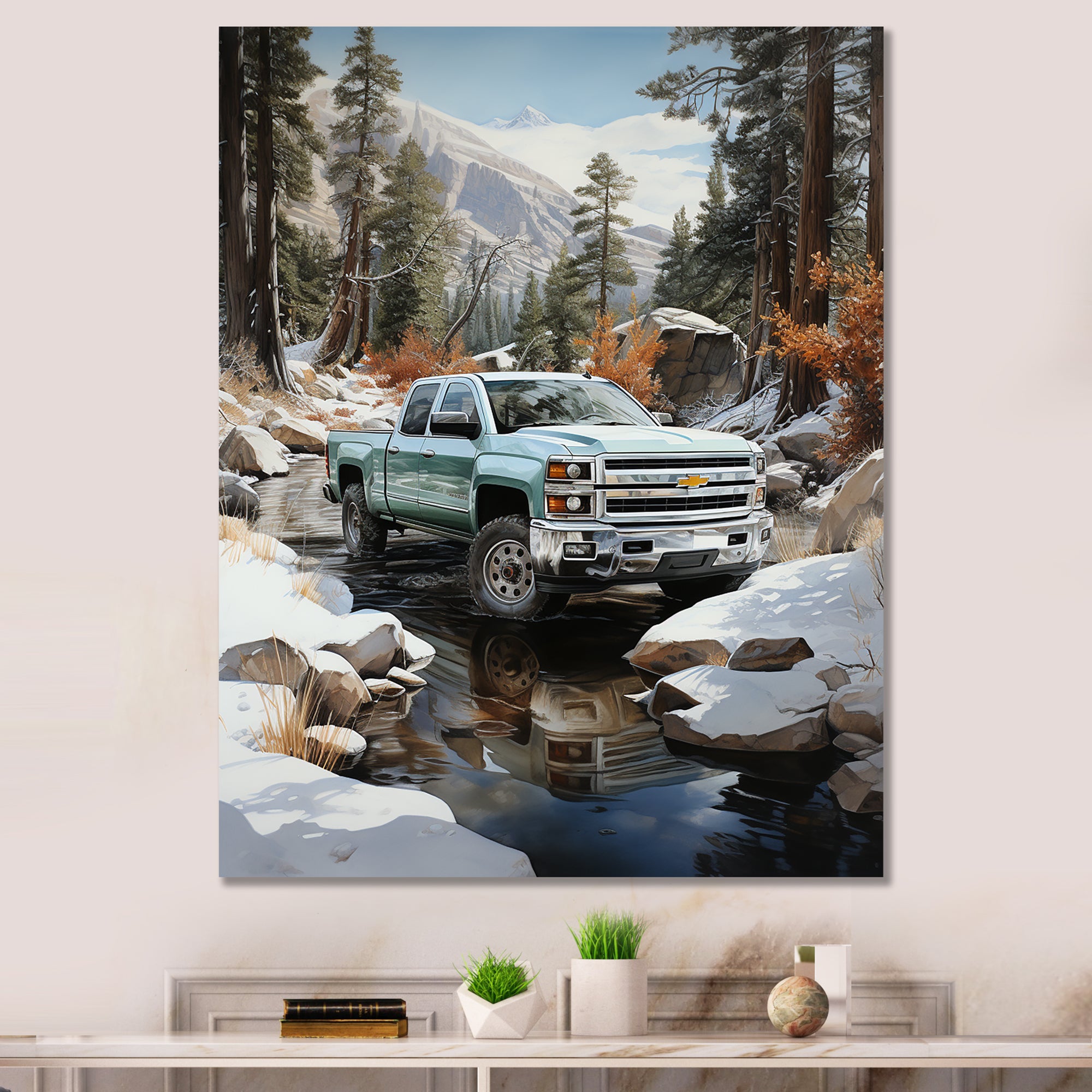 White Pickup Truck Winter Wilderness - Pickup Truck Canvas Wall Art