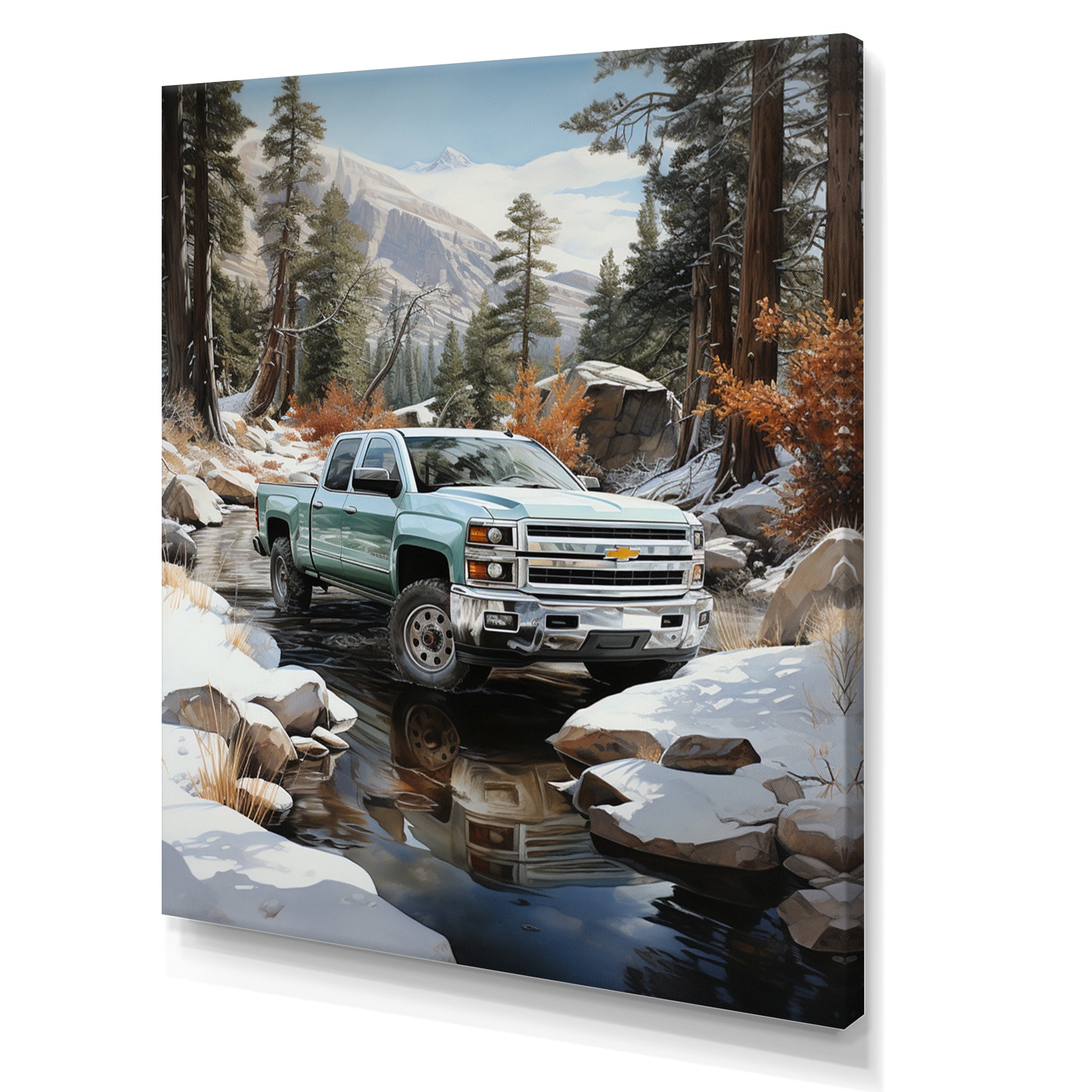 White Pickup Truck Winter Wilderness - Pickup Truck Canvas Wall Art